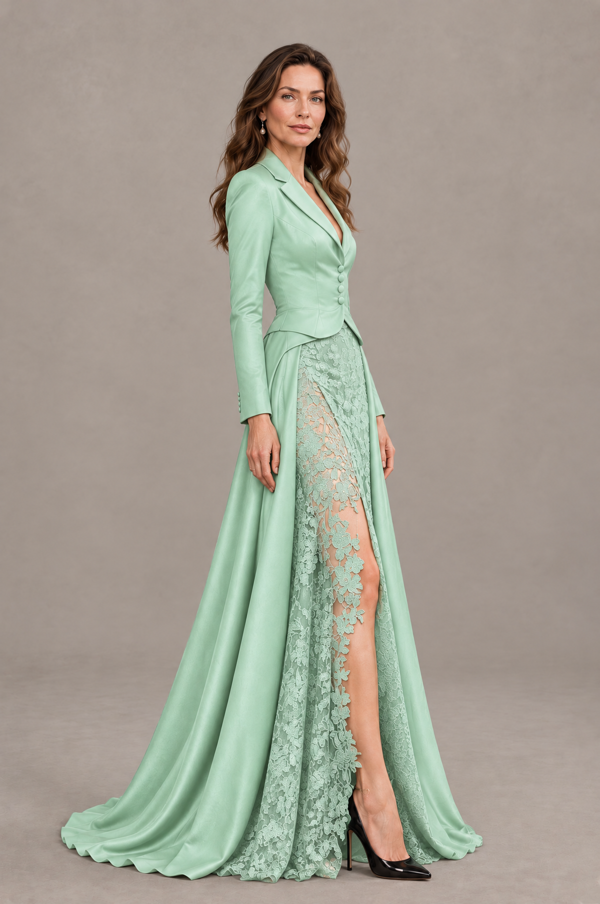 BOLODOO Mint Green Long Sleeve Lace Blazer Gown with High Slit - Mint Green - Mint Green (3)