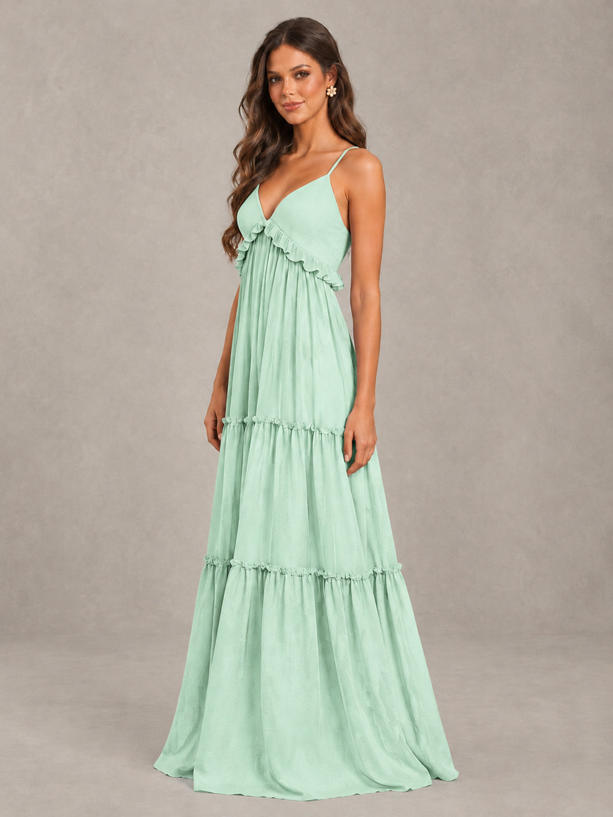 BOLODOO Mint Green Tiered V-Neck Lace-Up Back Bridesmaid Dress - Mint Green - Mint Green (3)