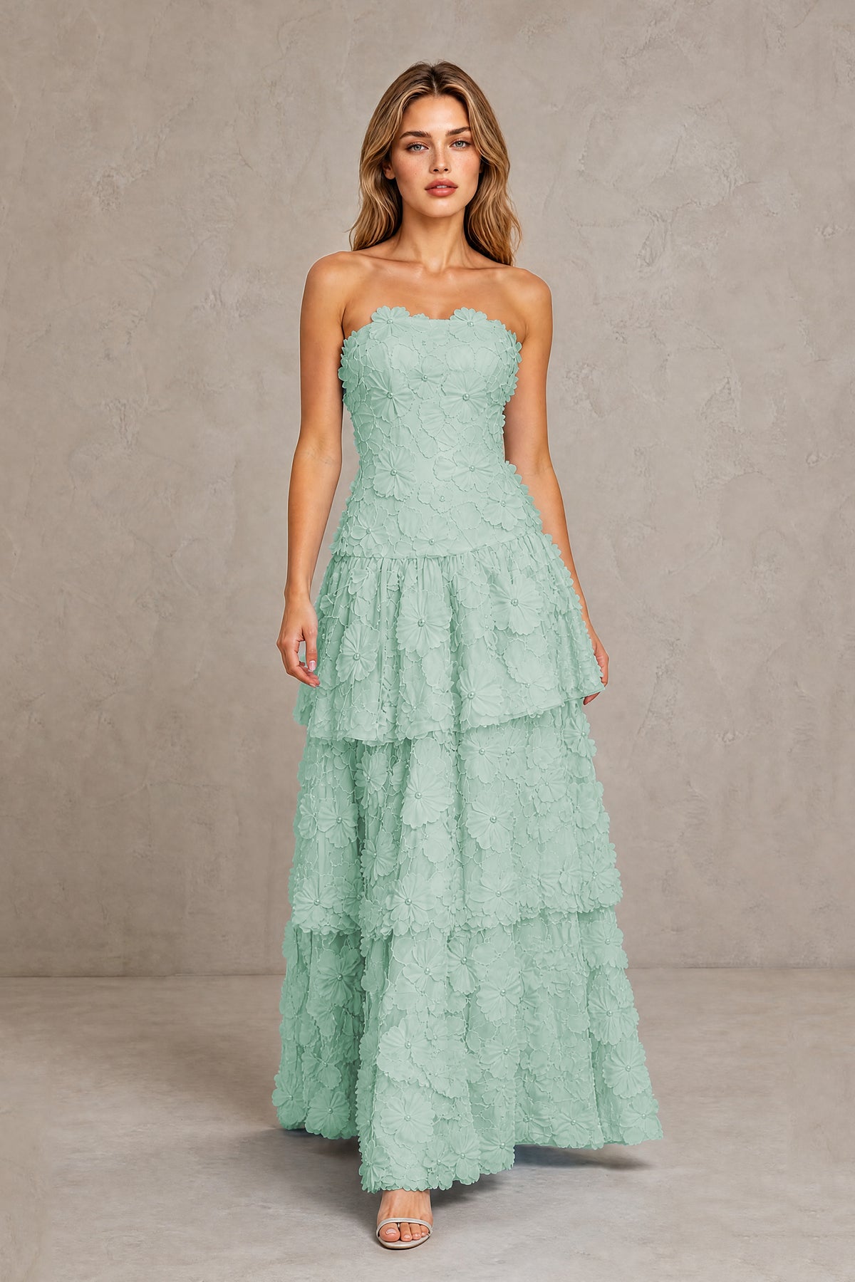 BOLODOO Mint Green Strapless 3D Floral Tiered Evening Gown - Mint Green