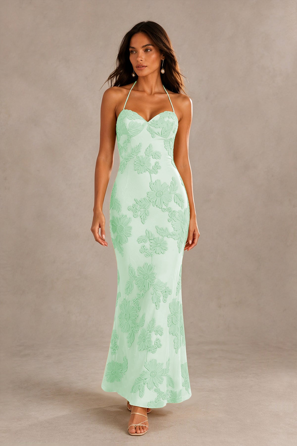 BOLODOO Mint Green Halter Sweetheart Floral Embroidered Lace-Up Open Back Maxi Dress | BD0257 - Mint Green