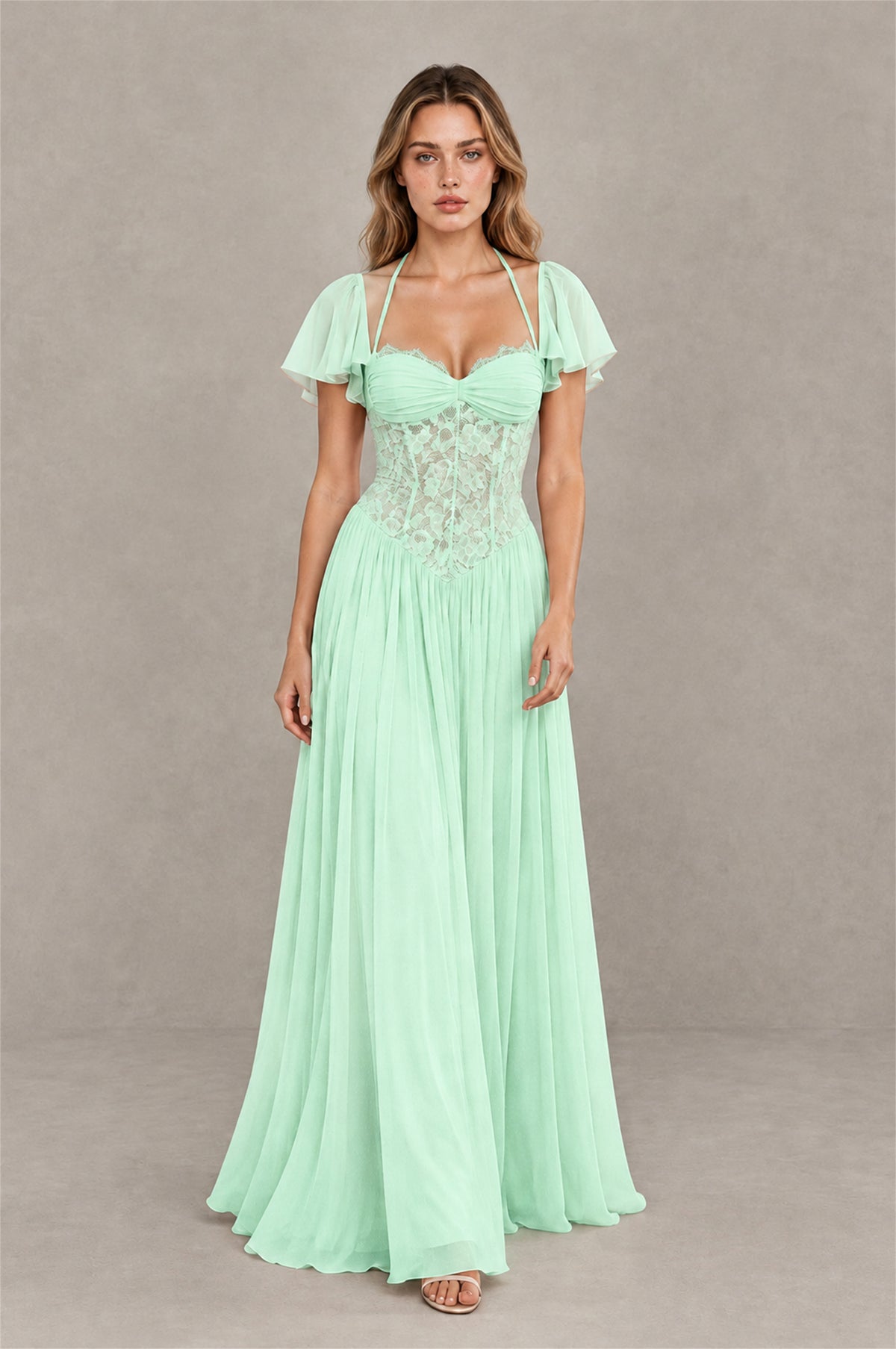 BOLODOO Mint Green Flutter Sleeve Lace Corset A-Line Maxi Dress - Mint Green - Mint Green (3)
