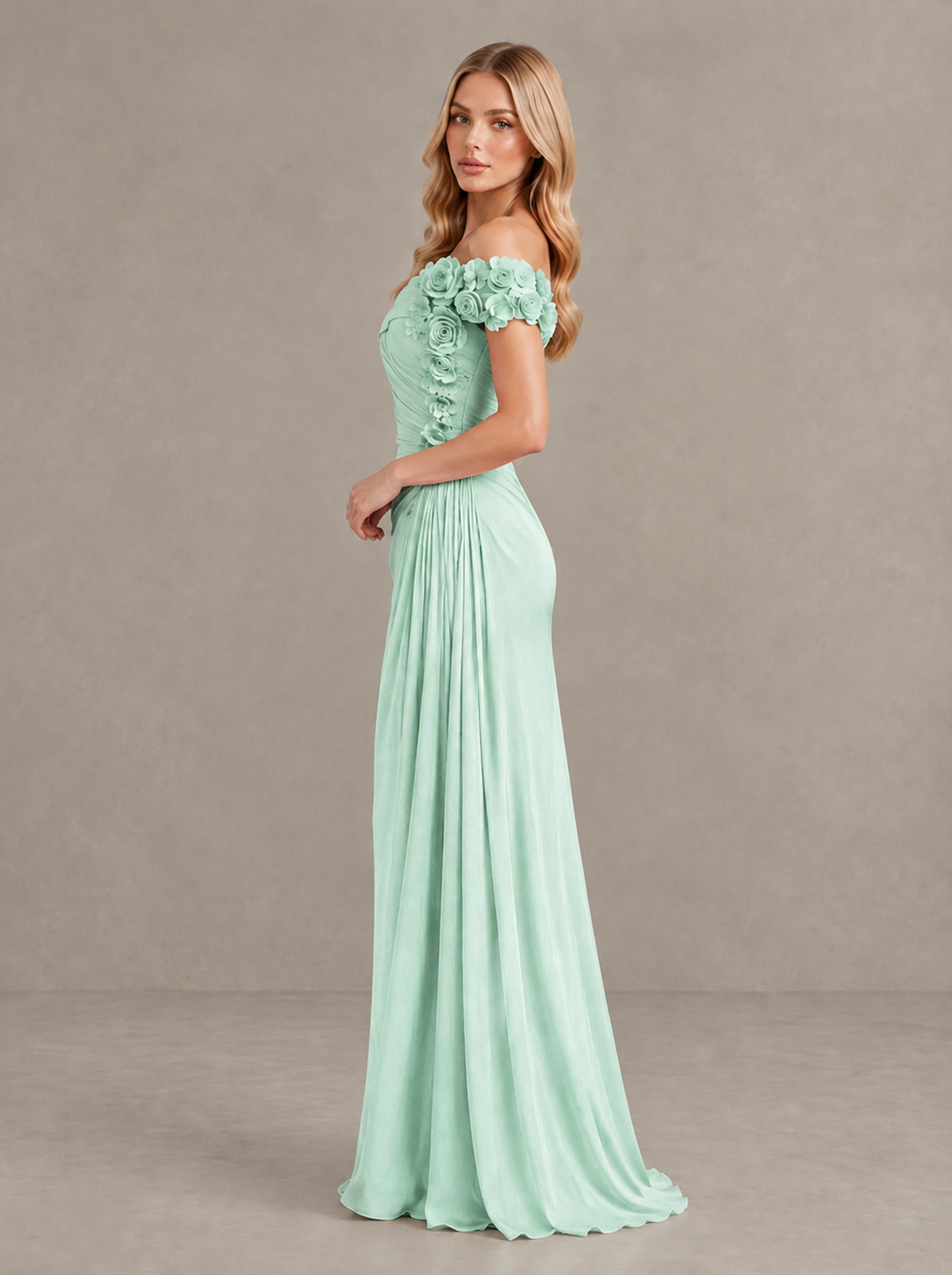 BOLODOO Mint Green Off-Shoulder Floral Applique Wedding Guest Maxi Dress - Mint Green - Mint Green (3)