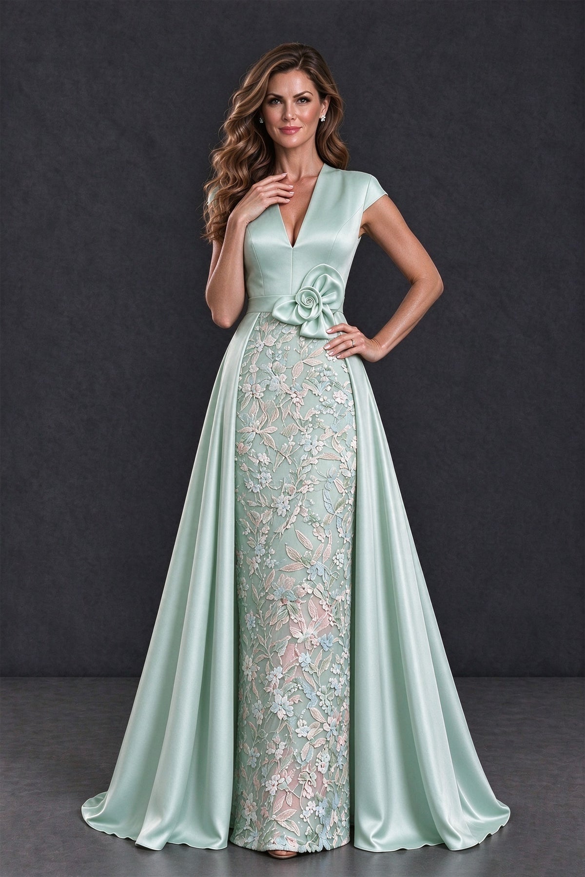 BOLODOO Mint Green Satin and Lace V-Neck Mother of the Bride Dress - Mint Green - Mint Green (4)