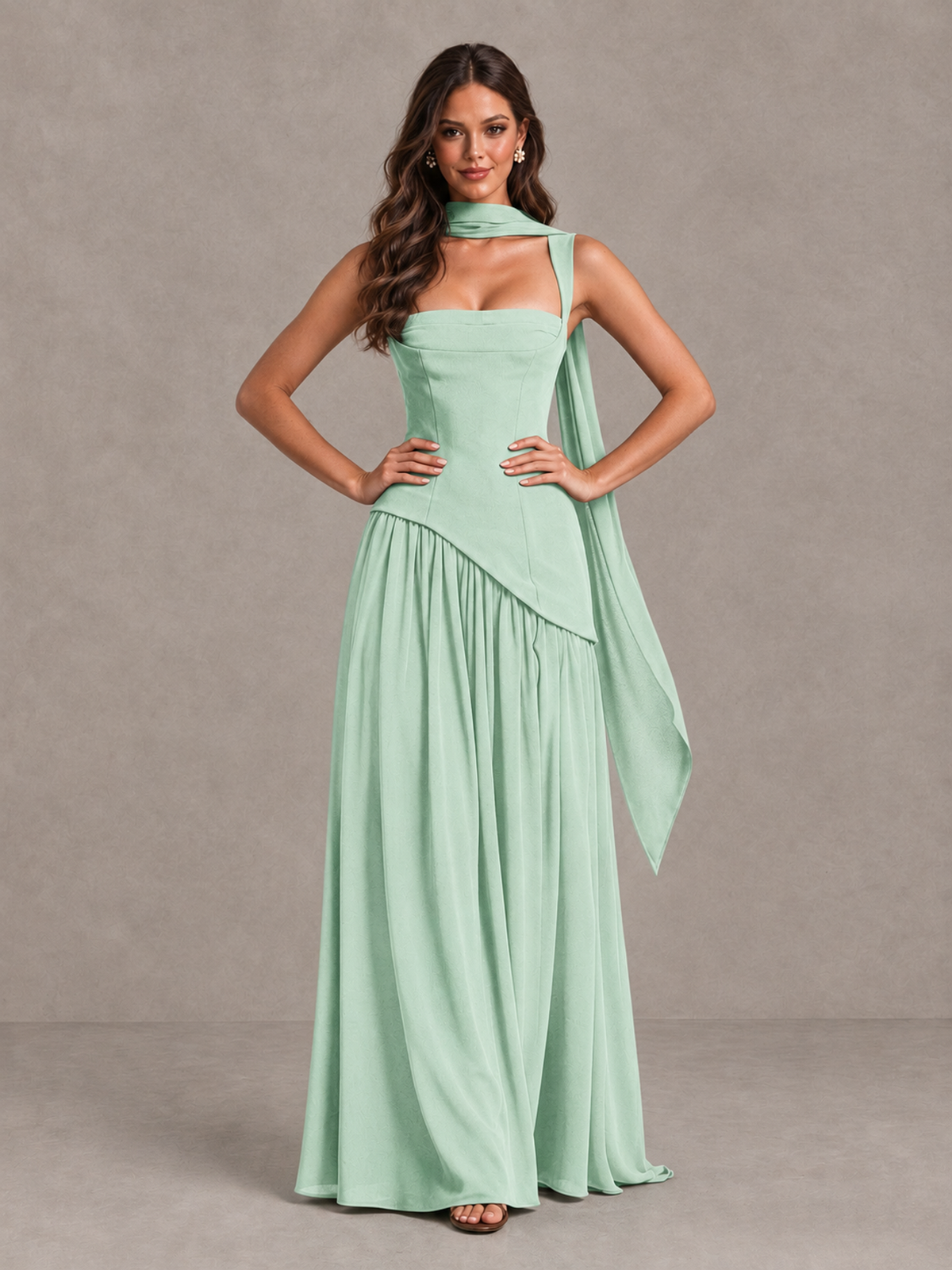 BOLODOO Mint Green Brown Scarf Bridesmaid Dress with Lace-Up Back - Mint Green - Mint Green (4)