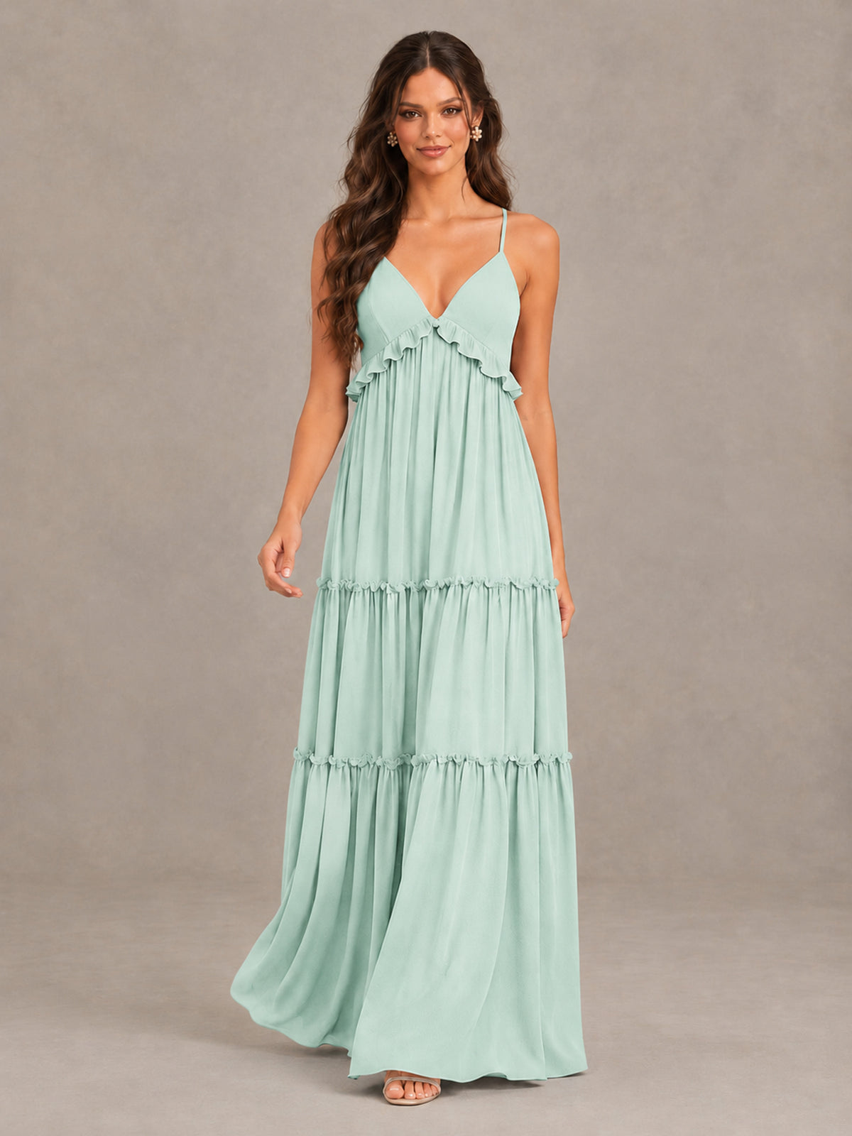 BOLODOO Mint Green Tiered V-Neck Lace-Up Back Bridesmaid Dress - Mint Green - Mint Green (4)