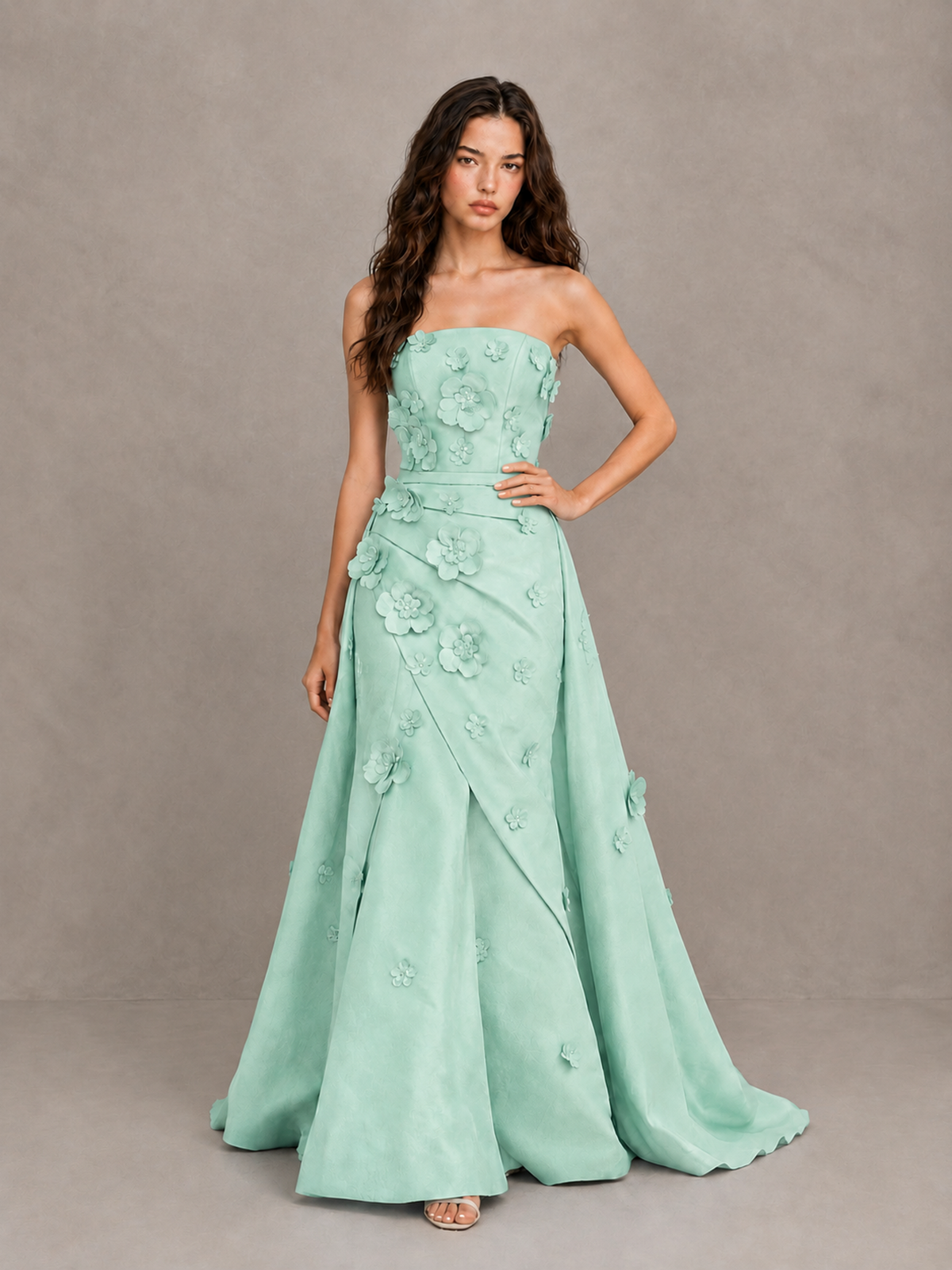 BOLODOO Mint Green Strapless 3D Floral Applique Prom Gown with Draped Skirt - Mint Green - Mint Green (4)