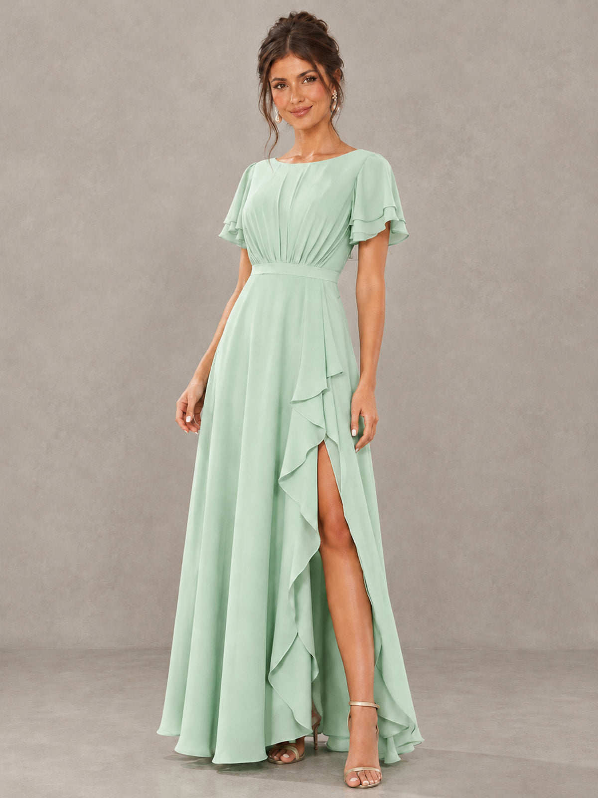 BOLODOO Mint Green Flutter Sleeve Ruffle Bridesmaid Dress with Slit - Mint Green - Mint Green (4)