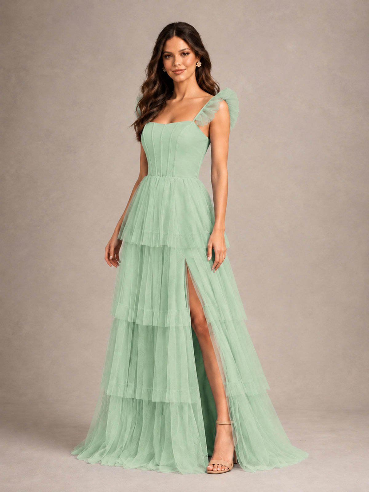 BOLODOO Mint Green Tiered Tulle Bridesmaid Dress with Slit - Mint Green - Mint Green (4)