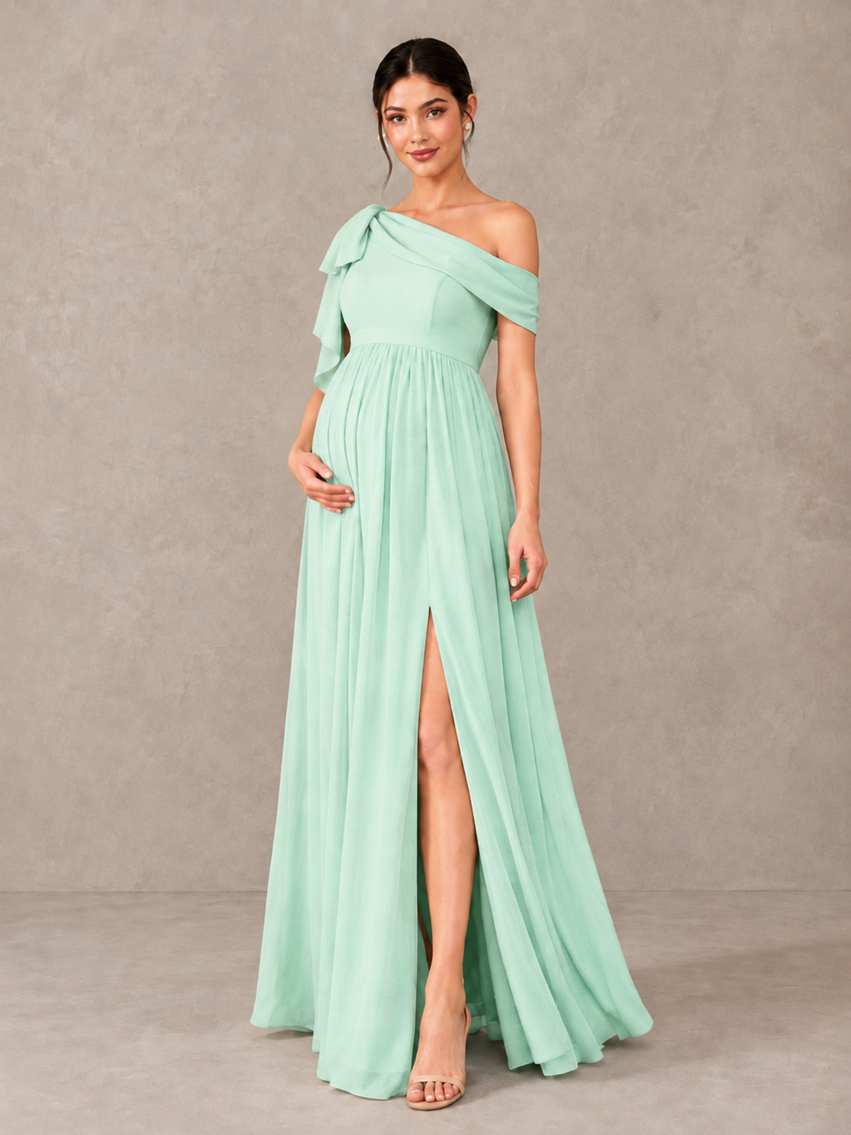 BOLODOO Mint Green One-Shoulder Maternity Bridesmaid Dress with Slit - Mint Green - Mint Green (4)