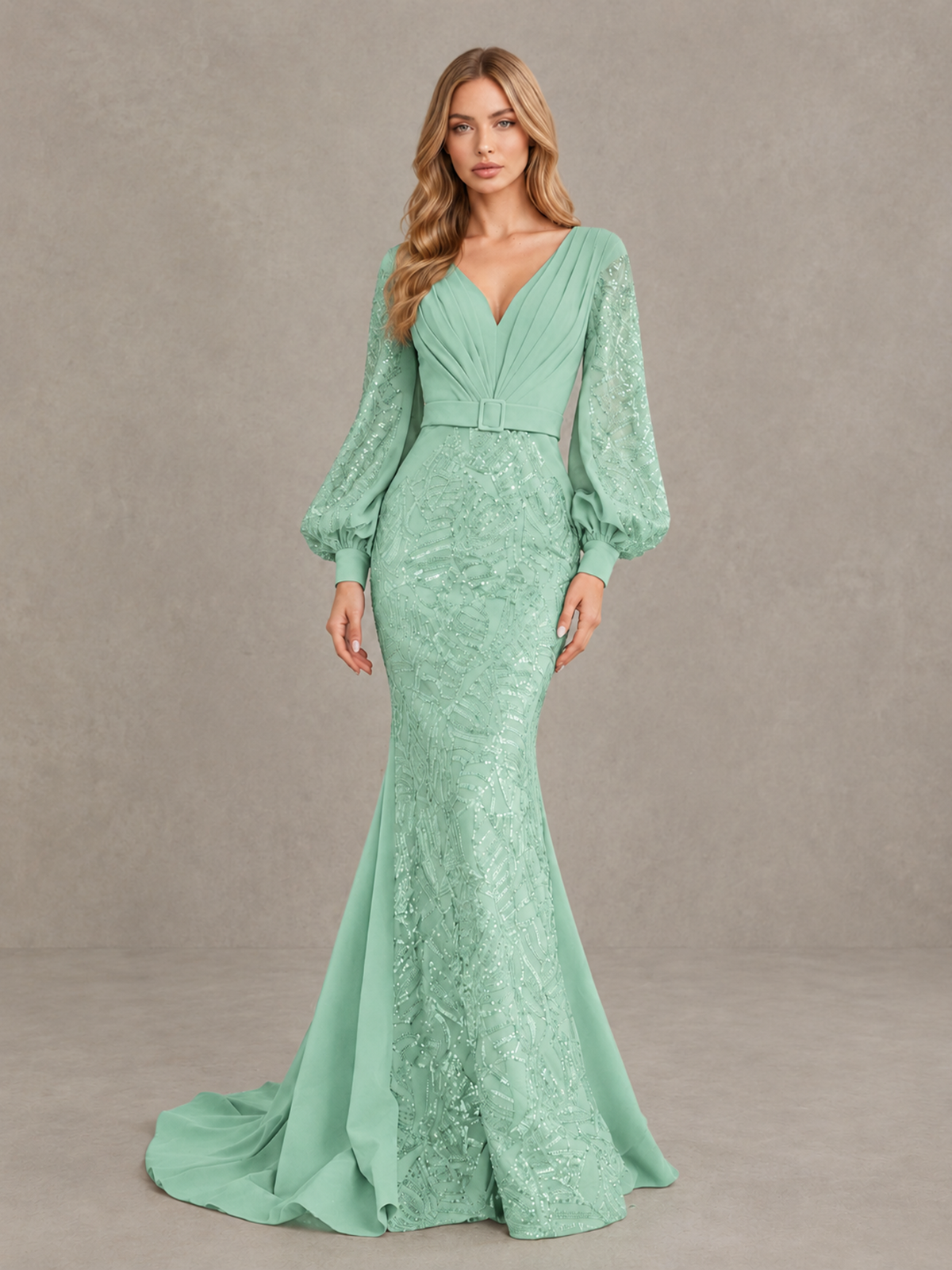 BOLODOO Mint Green Sequin Long Bishop Sleeve Mermaid Evening Dress - Mint Green - Mint Green (4)