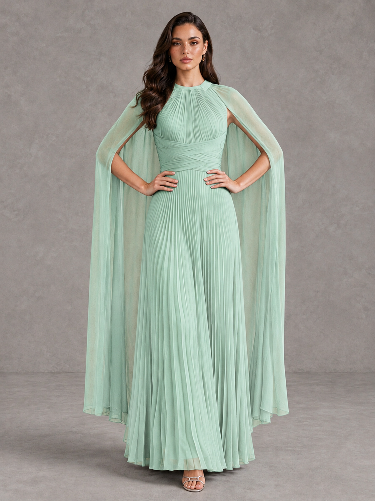BOLODOO Mint Green Pleated Cape Maxi Wedding Guest Dress - Mint Green - Mint Green (4)