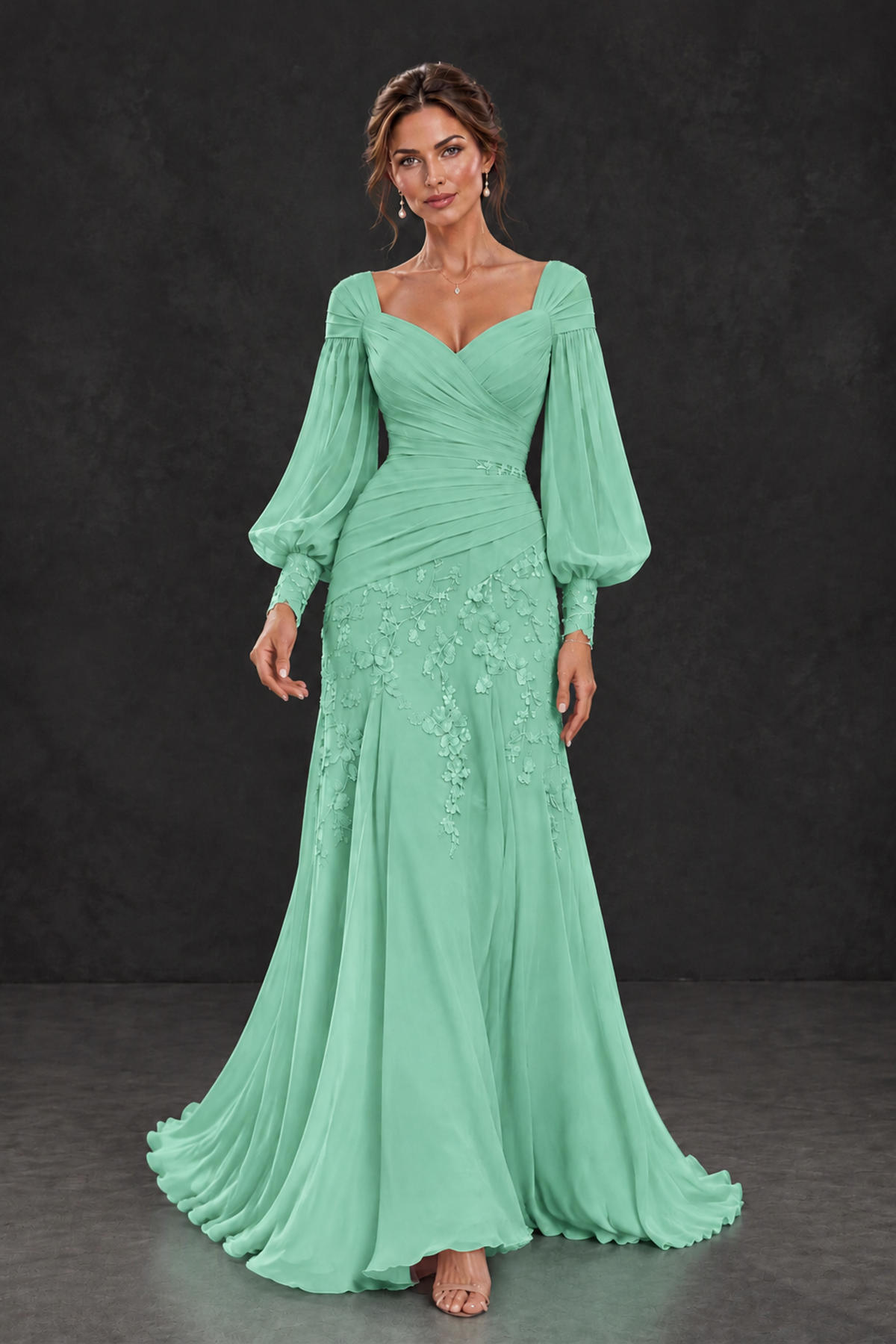 BOLODOO Mint Green Long Sleeve Mother of the Bride Dress with Floral Appliqués - Mint Green - Mint Green (4)