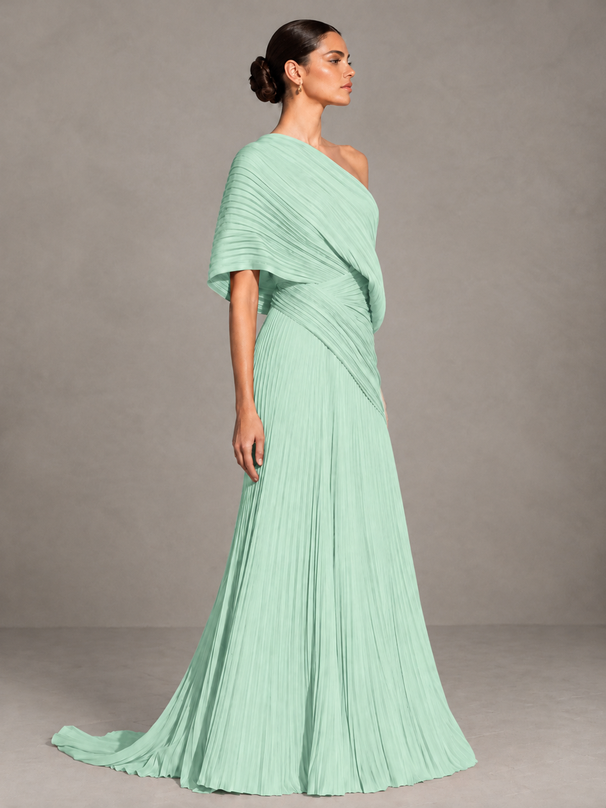 BOLODOO Mint Green One-Shoulder Pleated Cape Evening Gown with Train - Mint Green - Mint Green (4)