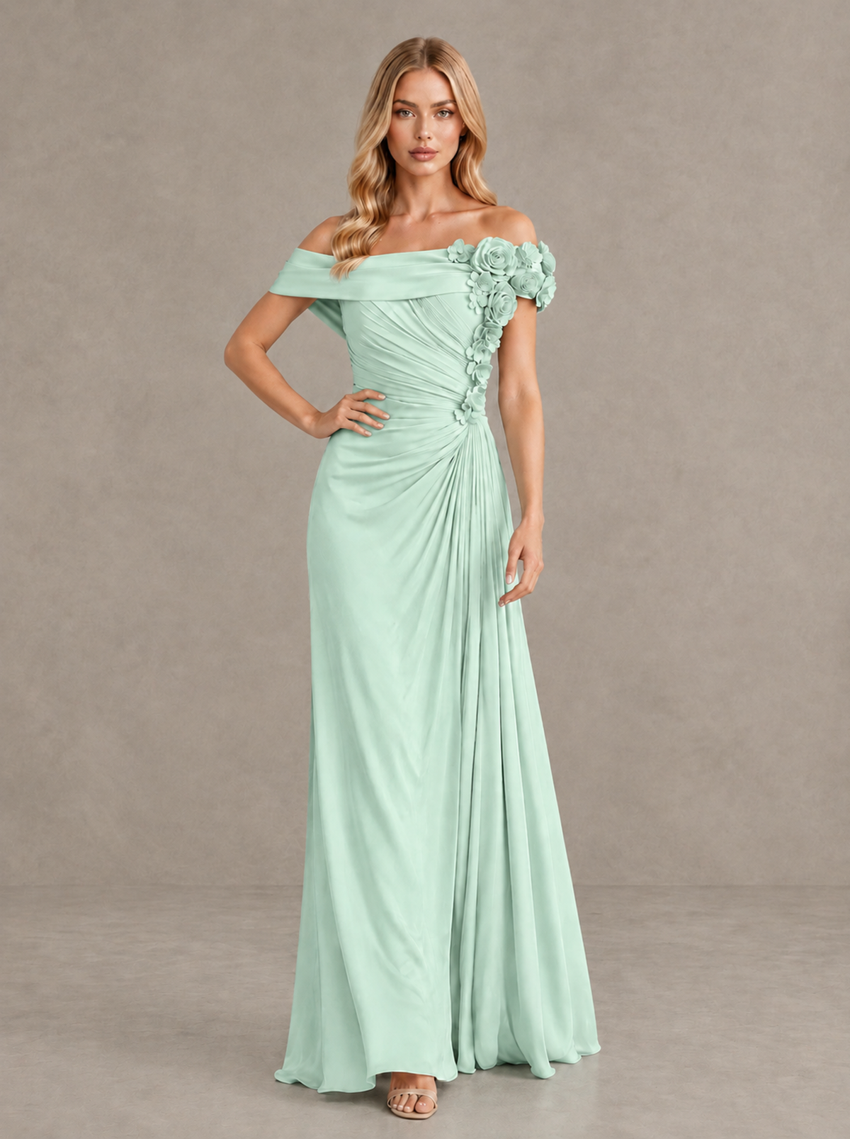 BOLODOO Mint Green Off-Shoulder Floral Applique Wedding Guest Maxi Dress - Mint Green - Mint Green (4)