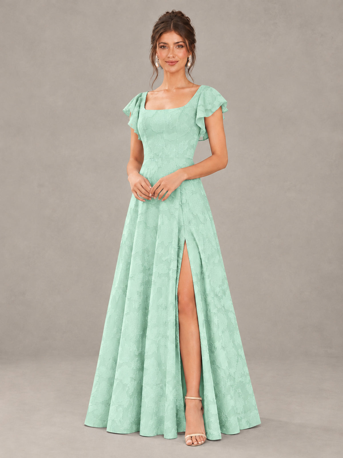 BOLODOO Mint Green Floral Flutter Sleeve Bridesmaid Dress with Slit - Mint Green - Mint Green (4)