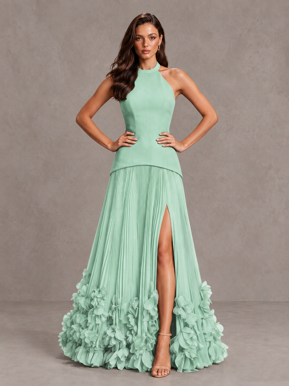 BOLODOO Mint Green Halter Neck Floor-Length Evening Gown with High Slit & 3D Floral Hem - Mint Green - Mint Green (4)