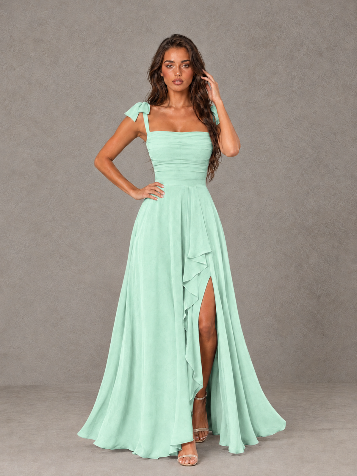 BOLODOO Mint Green Bow-Strap Bridesmaid Dress with Ruffle Slit - Mint Green - Mint Green (4)