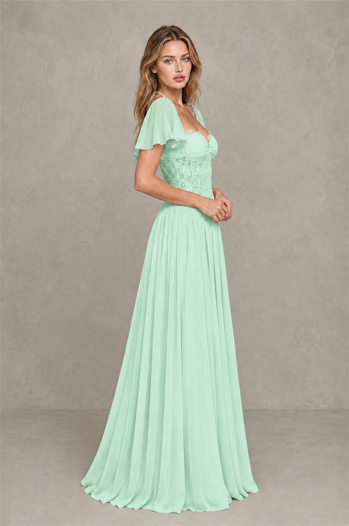 BOLODOO Mint Green Flutter Sleeve Lace Corset A-Line Maxi Dress - Mint Green - Mint Green (4)