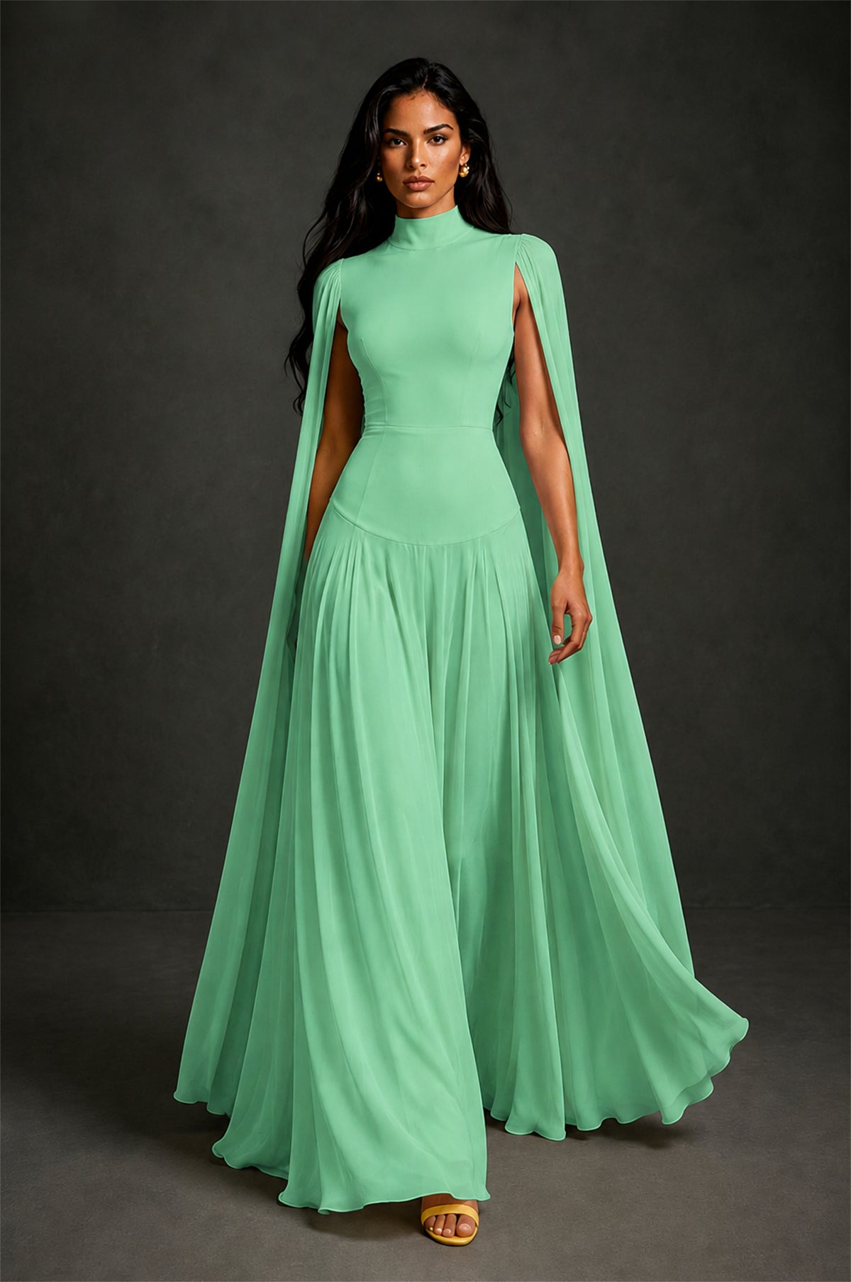 BOLODOO Mint Green Mock Neck Cape Sleeve A-Line Chiffon Maxi Dress - Mint Green - Mint Green (4)