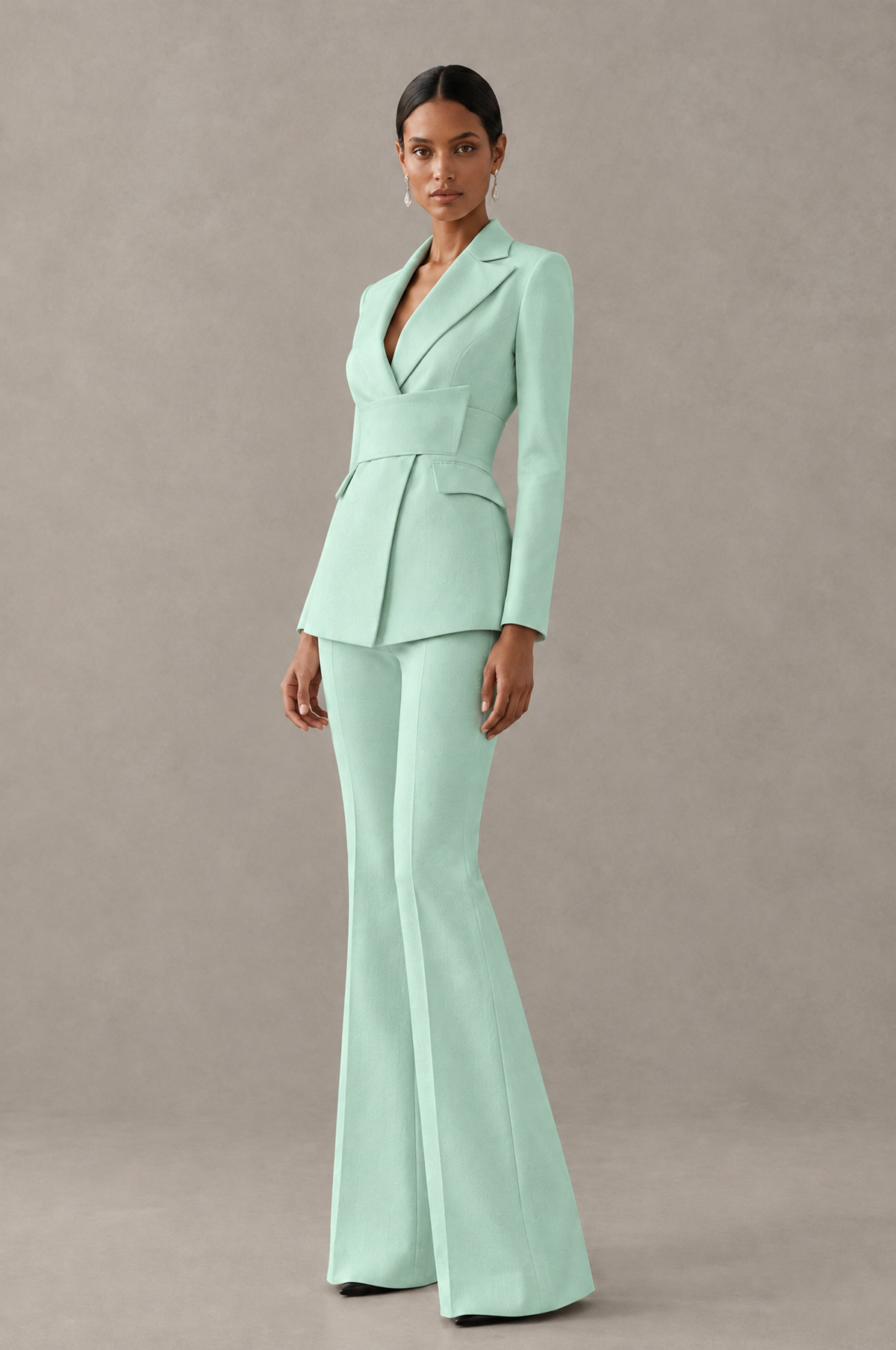 BOLODOO Mint Green Two-Piece Pantsuit with Tailored Blazer & Flared Pants - Mint Green - Mint Green (4)