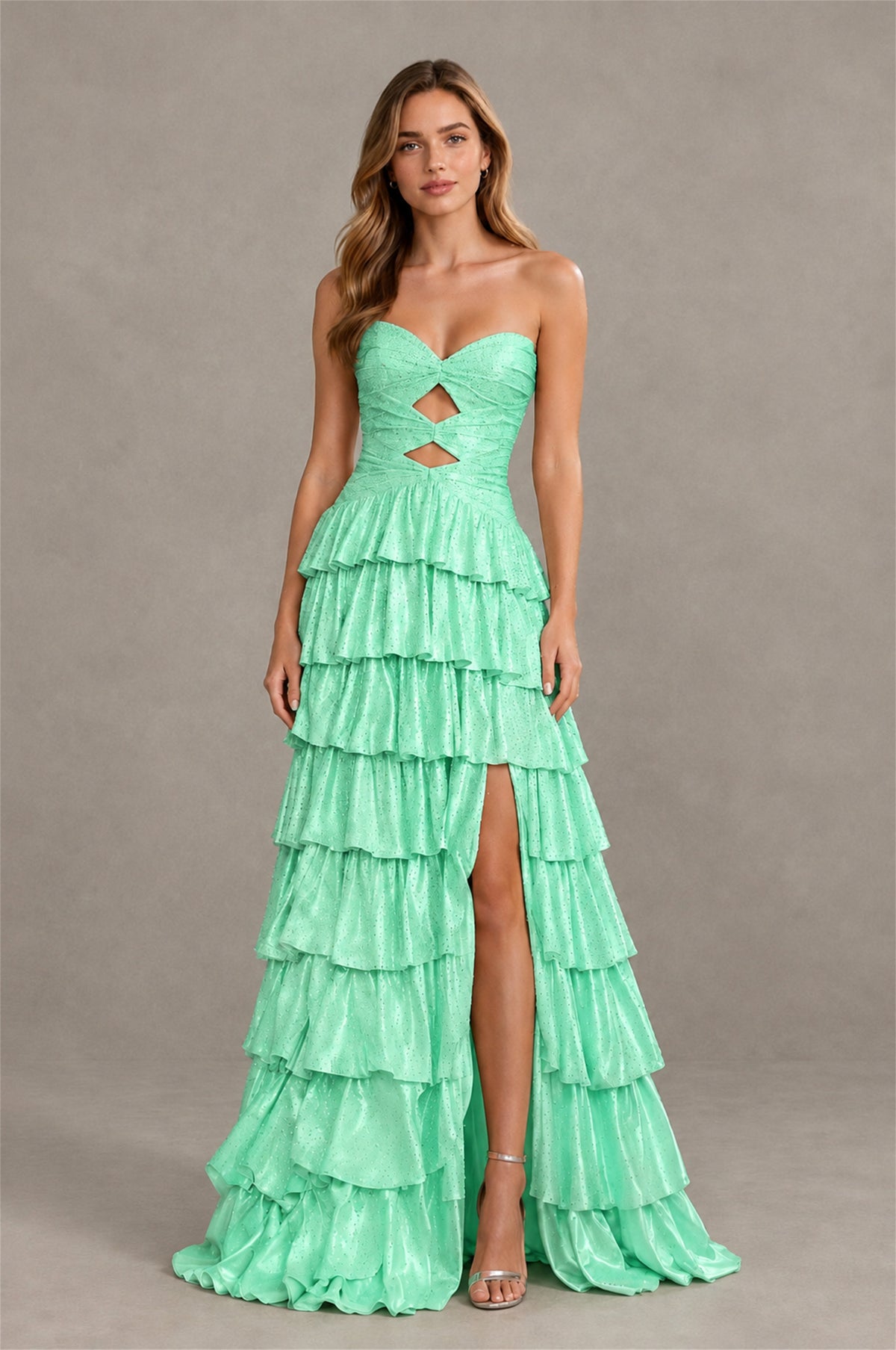 BOLODOO Mint Green Strapless Cutout Tiered Ruffle Prom Dress with High Slit - Mint Green - Mint Green (4)