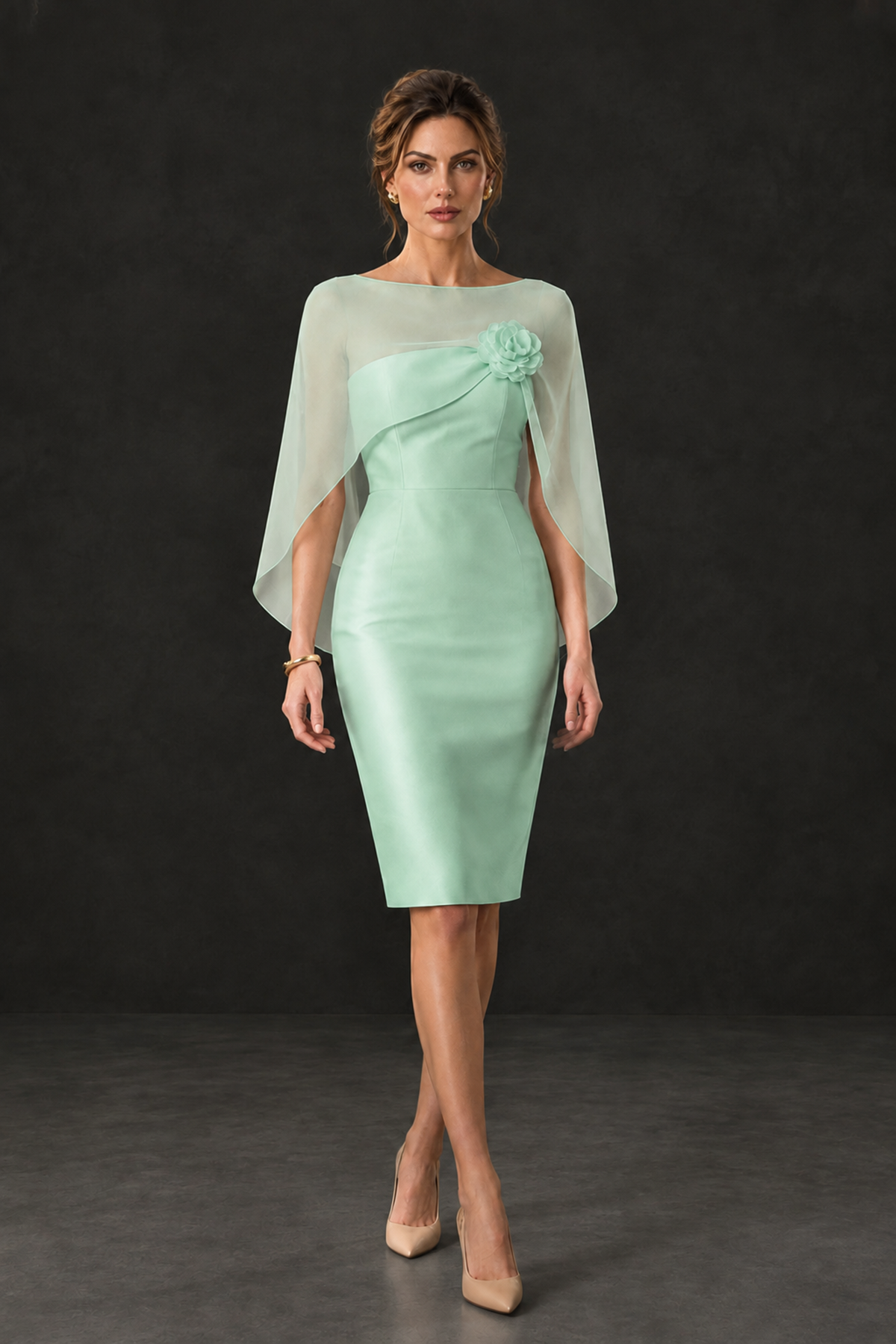 BOLODOO Mint Green Cape Knee-Length Mother of the Bride Dress - Mint Green - Mint Green (4)