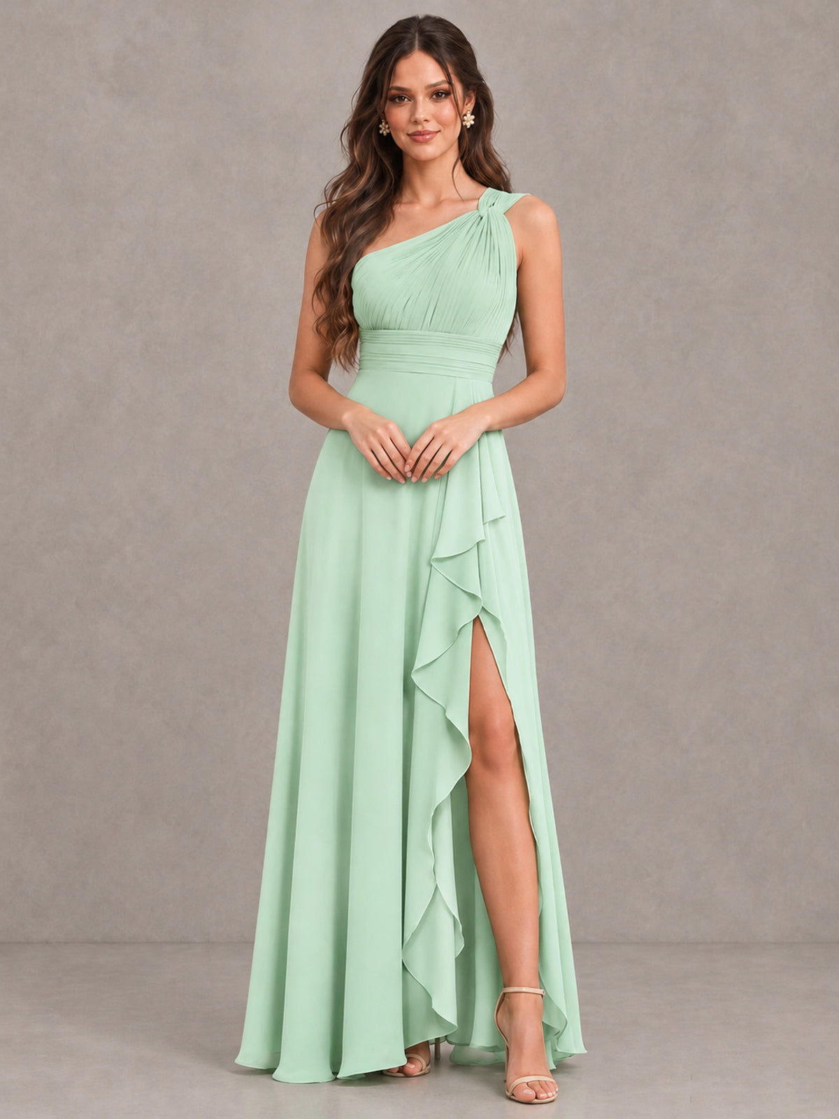BOLODOO Mint Green One-Shoulder Ruffle Bridesmaid Dress with Slit - Mint Green - Mint Green (4)
