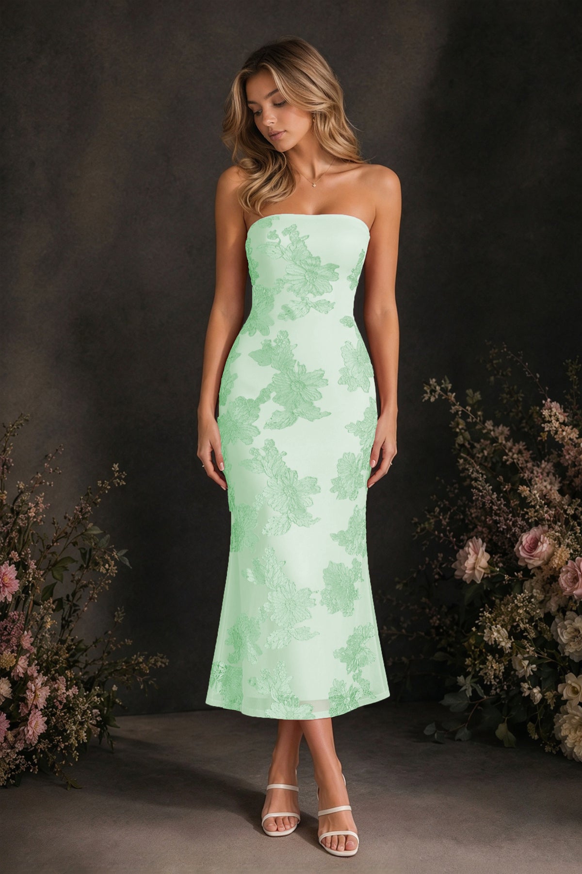 BOLODOO Mint Green Tonal Floral Embroidered Mesh Strapless Open Back Bodycon Midi Tea Length Dress - Mint Green
