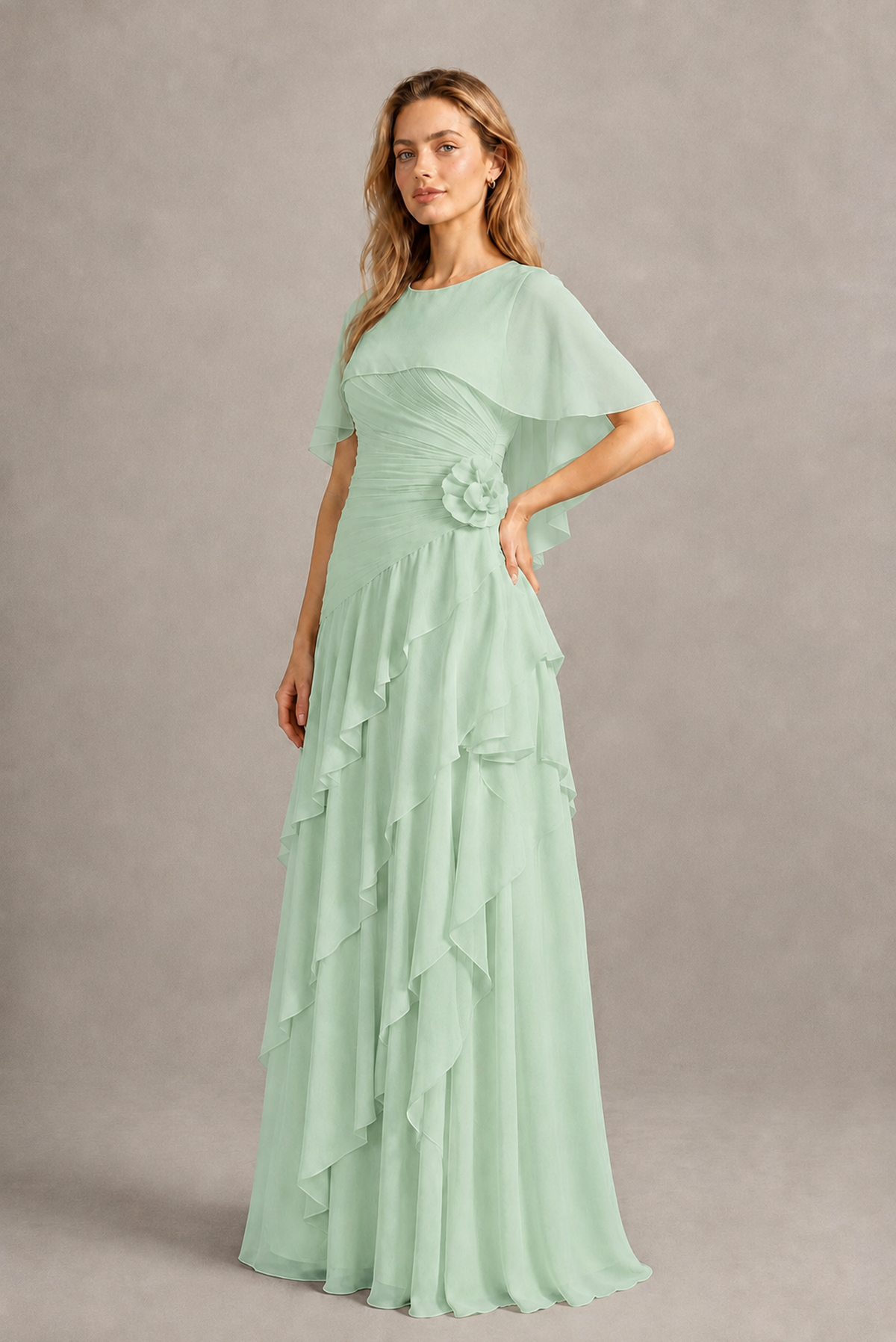 BOLODOO Mint Green Chiffon Flutter Sleeve Tiered Maxi Dress with 3D Rosette - Mint Green