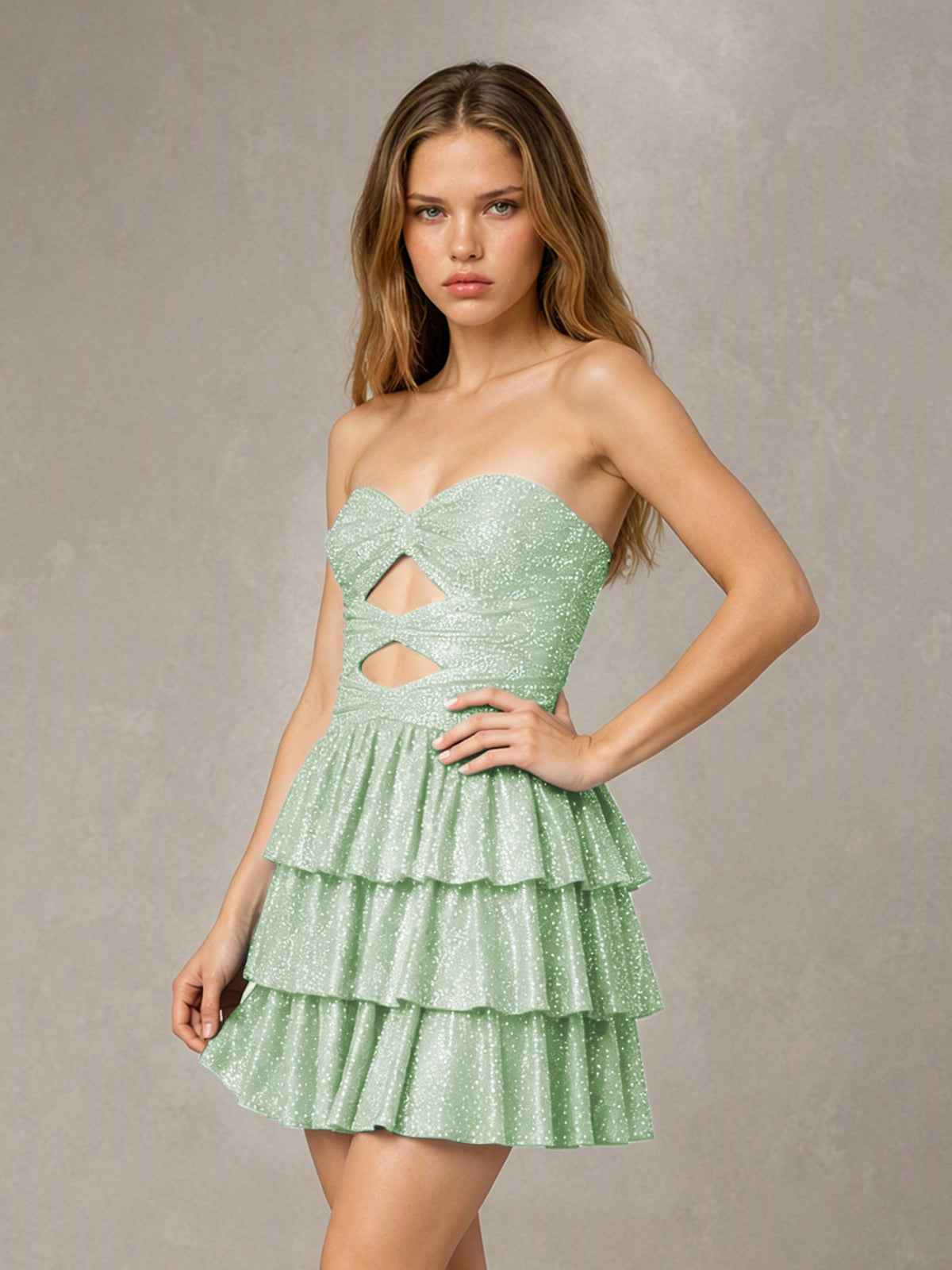 BOLODOO Mint Green Strapless Sweetheart Cutout Glitter Tiered Ruffle Mini Dress | Lace-Up Back Corset - Mint Green