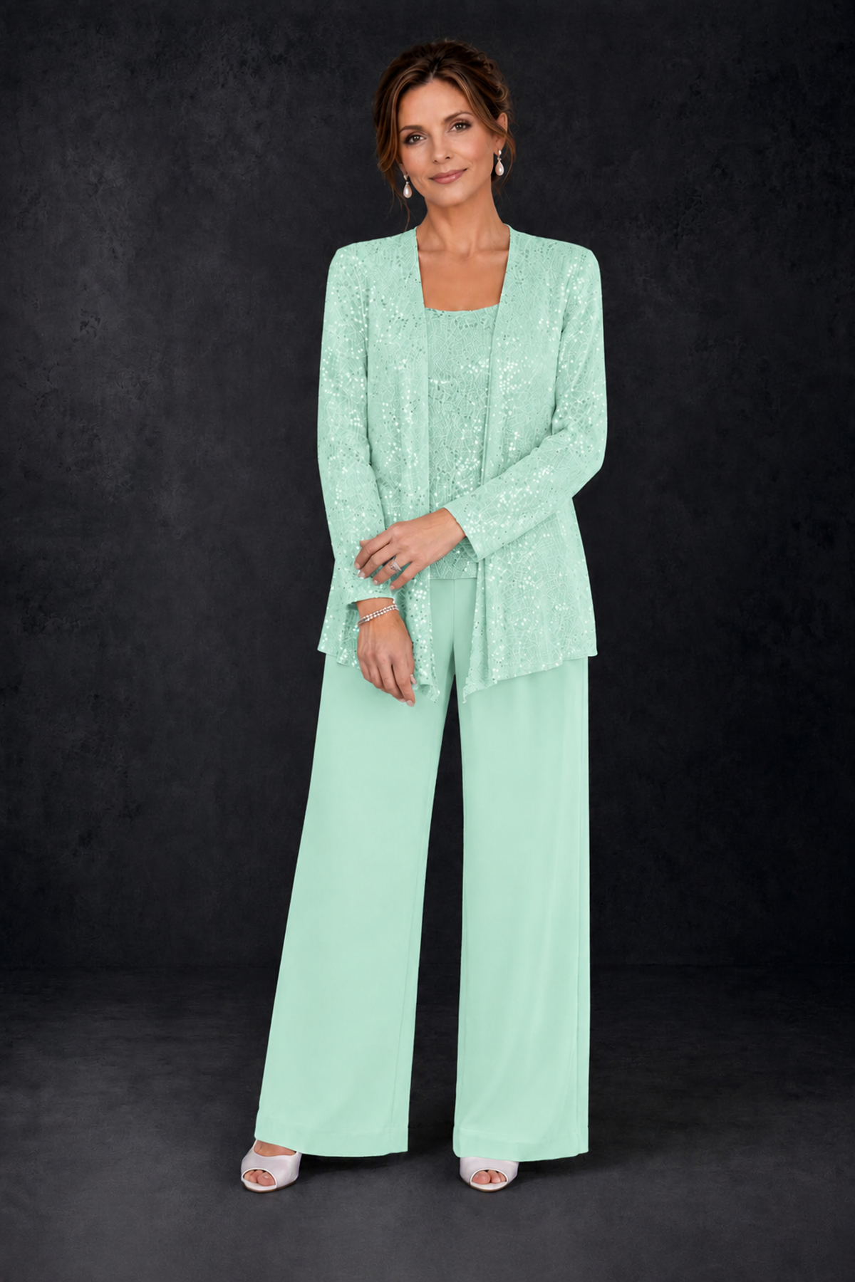 BOLODOO Mint Green Sequin Lace 3-Piece Pant Suit with Long Sleeve Jacket - Mint Green - Mint Green (4)