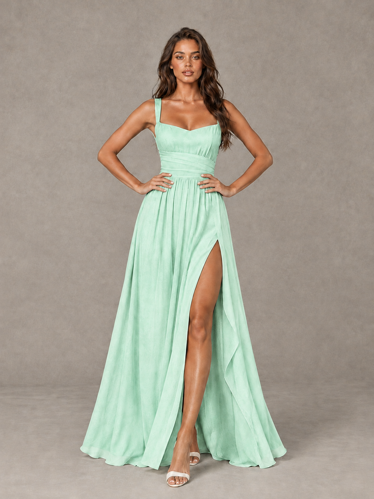 BOLODOO Mint Green A-Line Bridesmaid Dress with High Slit & Lace-Up Back - Mint Green - Mint Green (4)