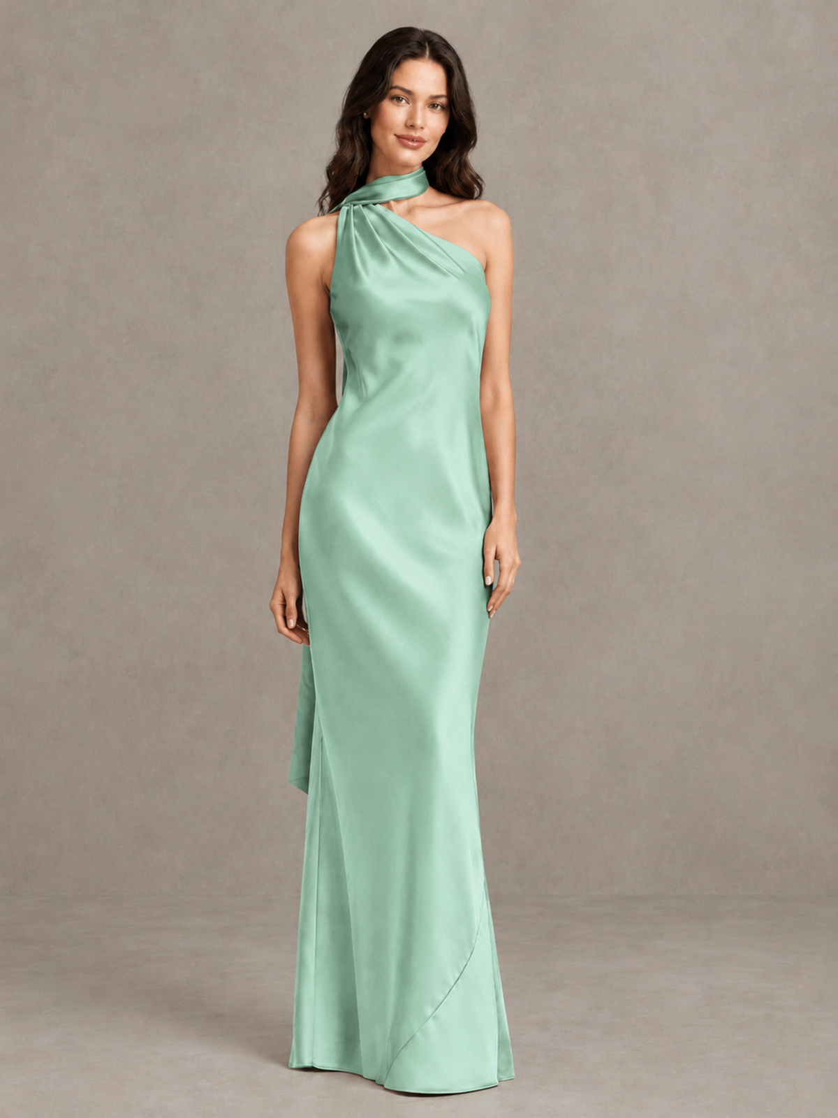 BOLODOO Mint Green Satin One-Shoulder Bridesmaid Dress with Open Back - Mint Green - Mint Green (4)