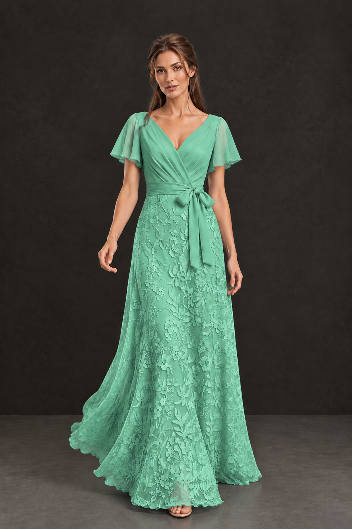 BOLODOO Mint Green Flutter Sleeve Lace Mother of the Bride Dress - Mint Green