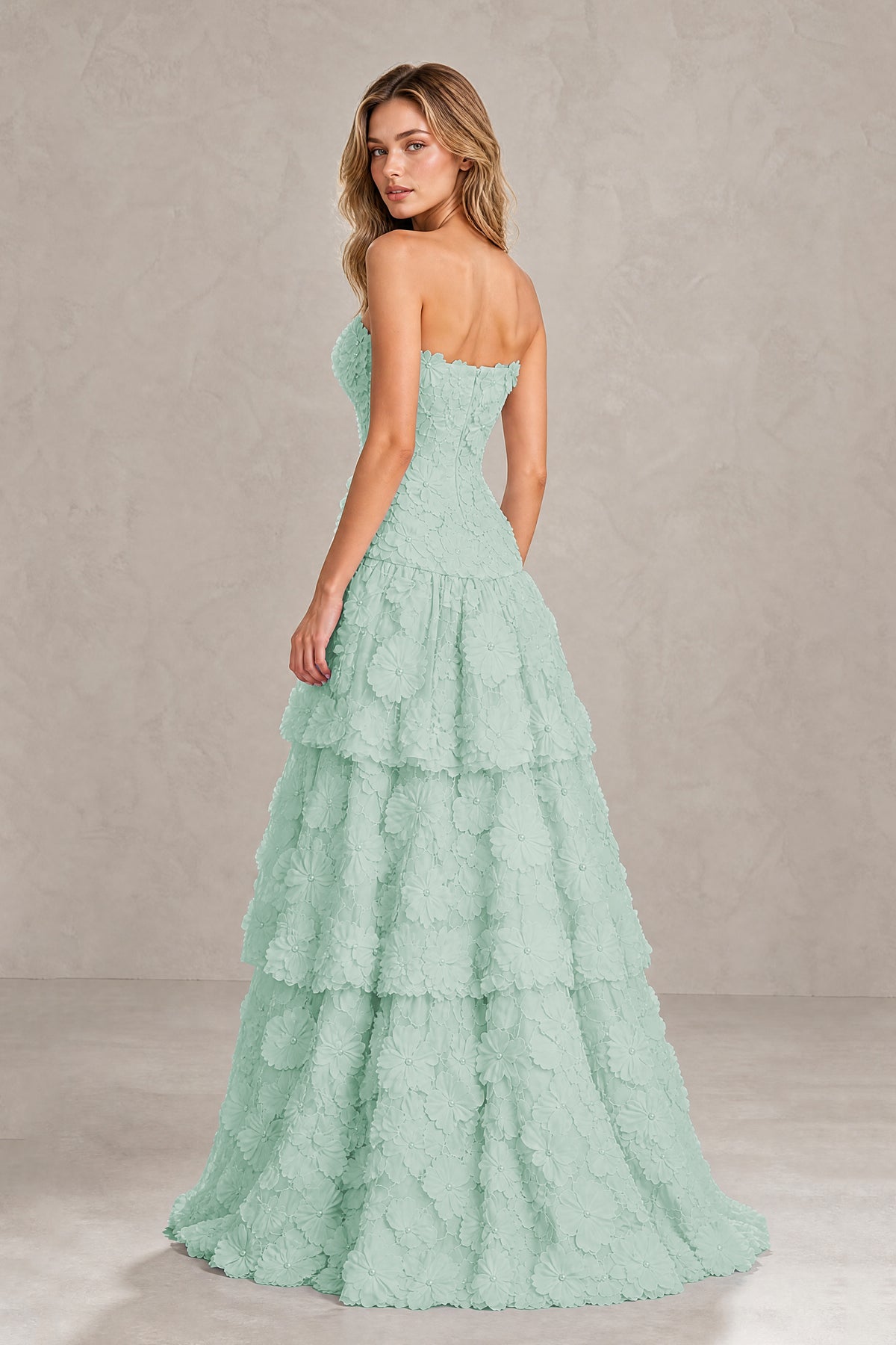 BOLODOO Mint Green Strapless 3D Floral Tiered Evening Gown - Mint Green