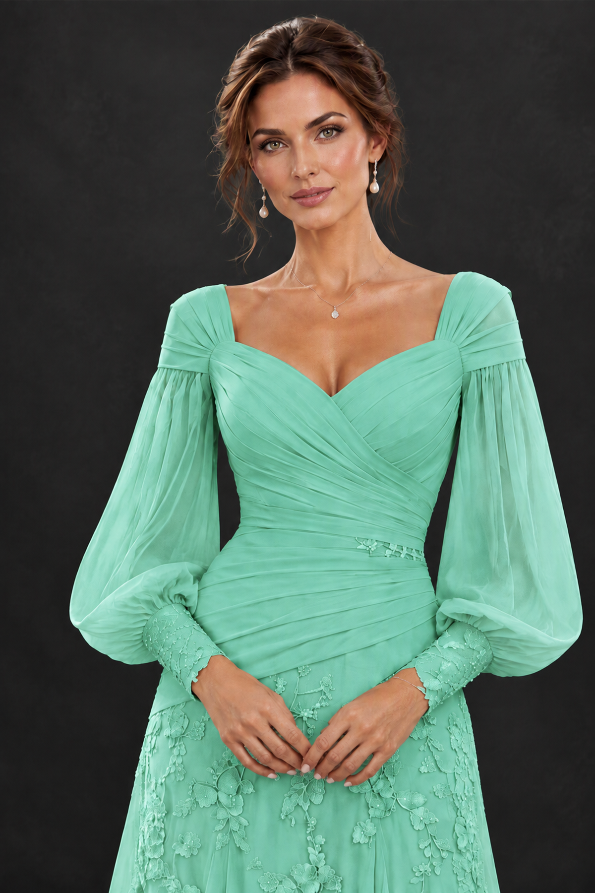 BOLODOO Mint Green Long Sleeve Mother of the Bride Dress with Floral Appliqués - Mint Green - Mint Green (5)