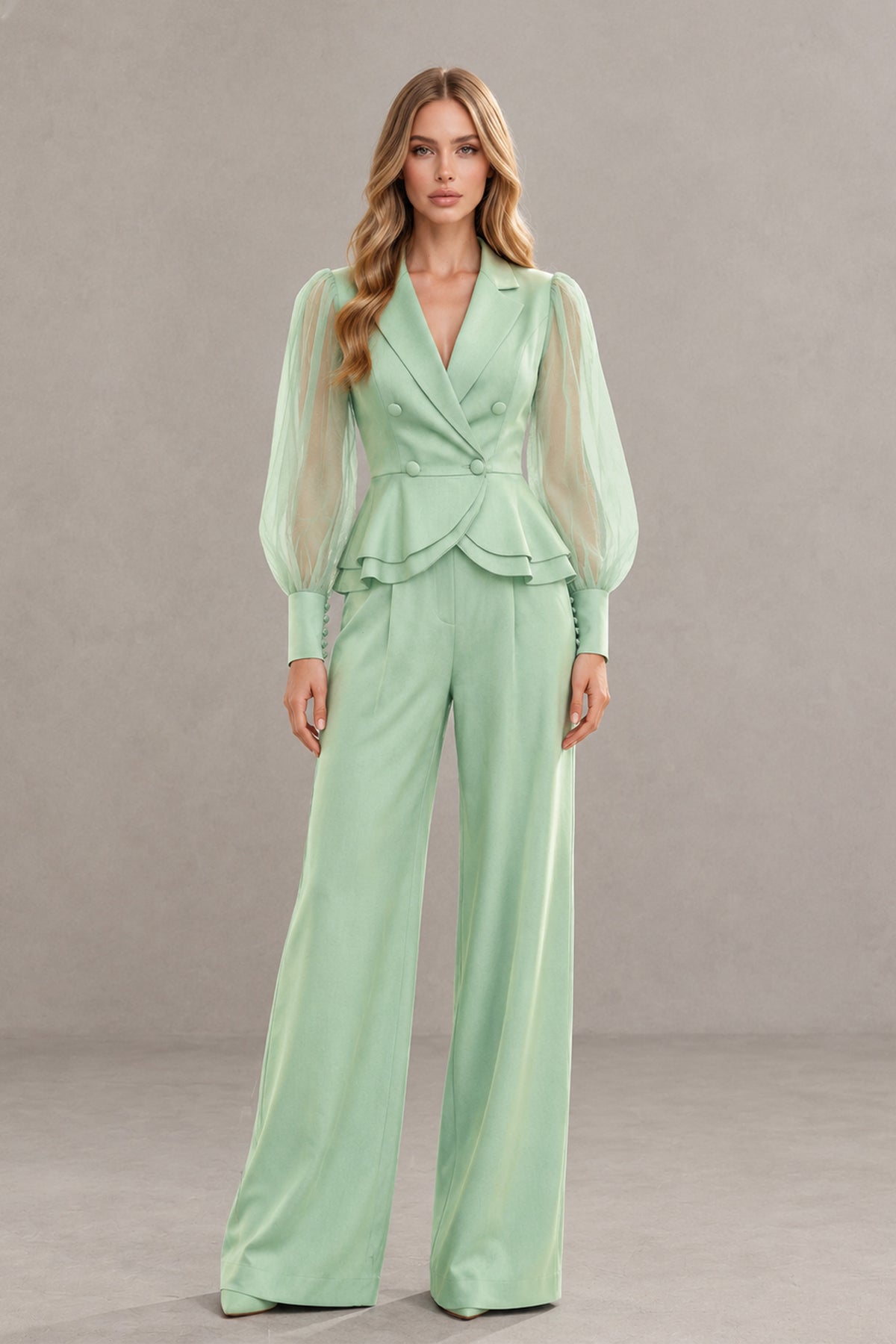 BOLODOO mint green peplum blazer pantsuit front view with sheer puff sleeves