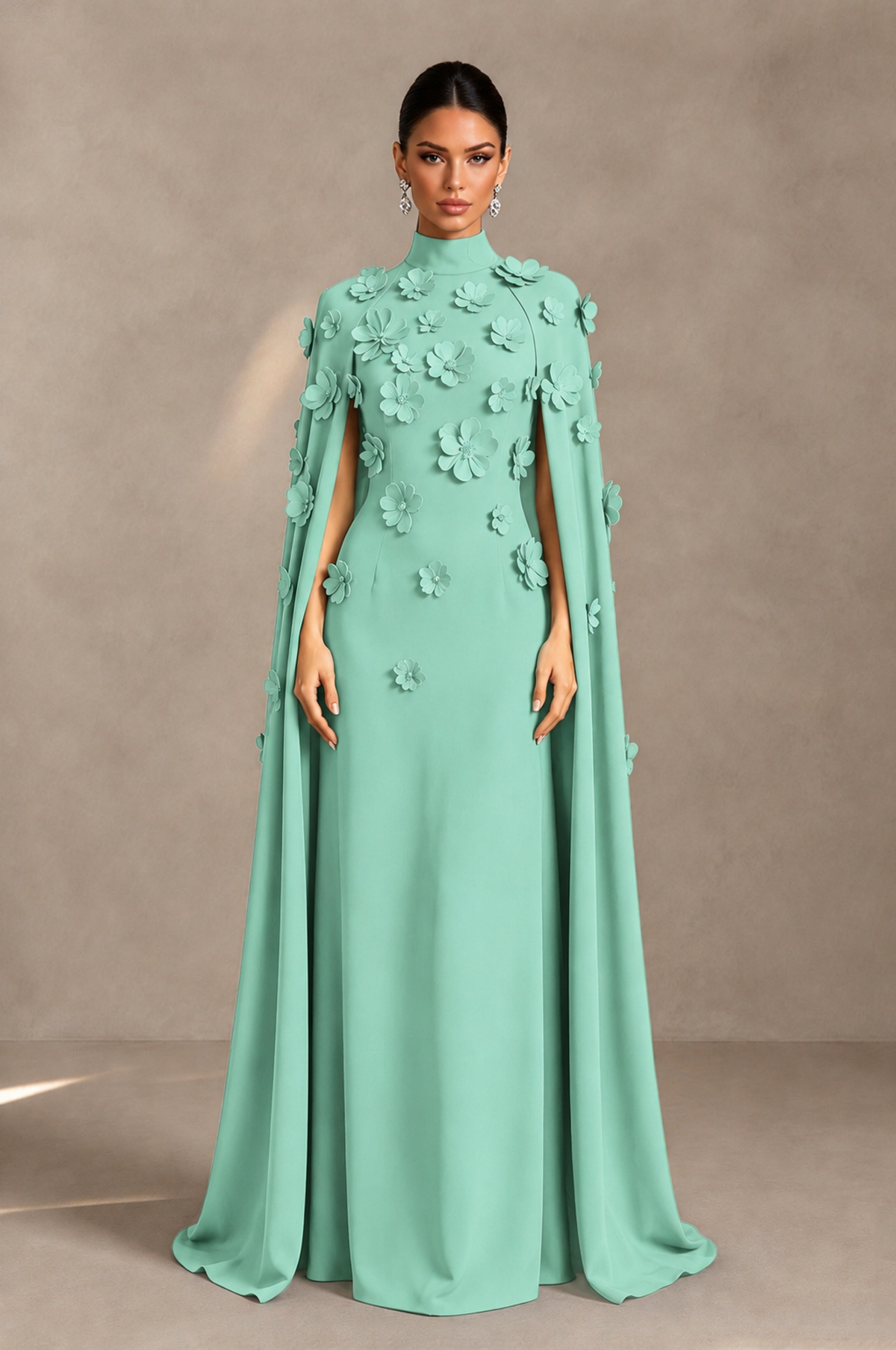BOLODOO mint green 3D floral applique cape evening gown full front view