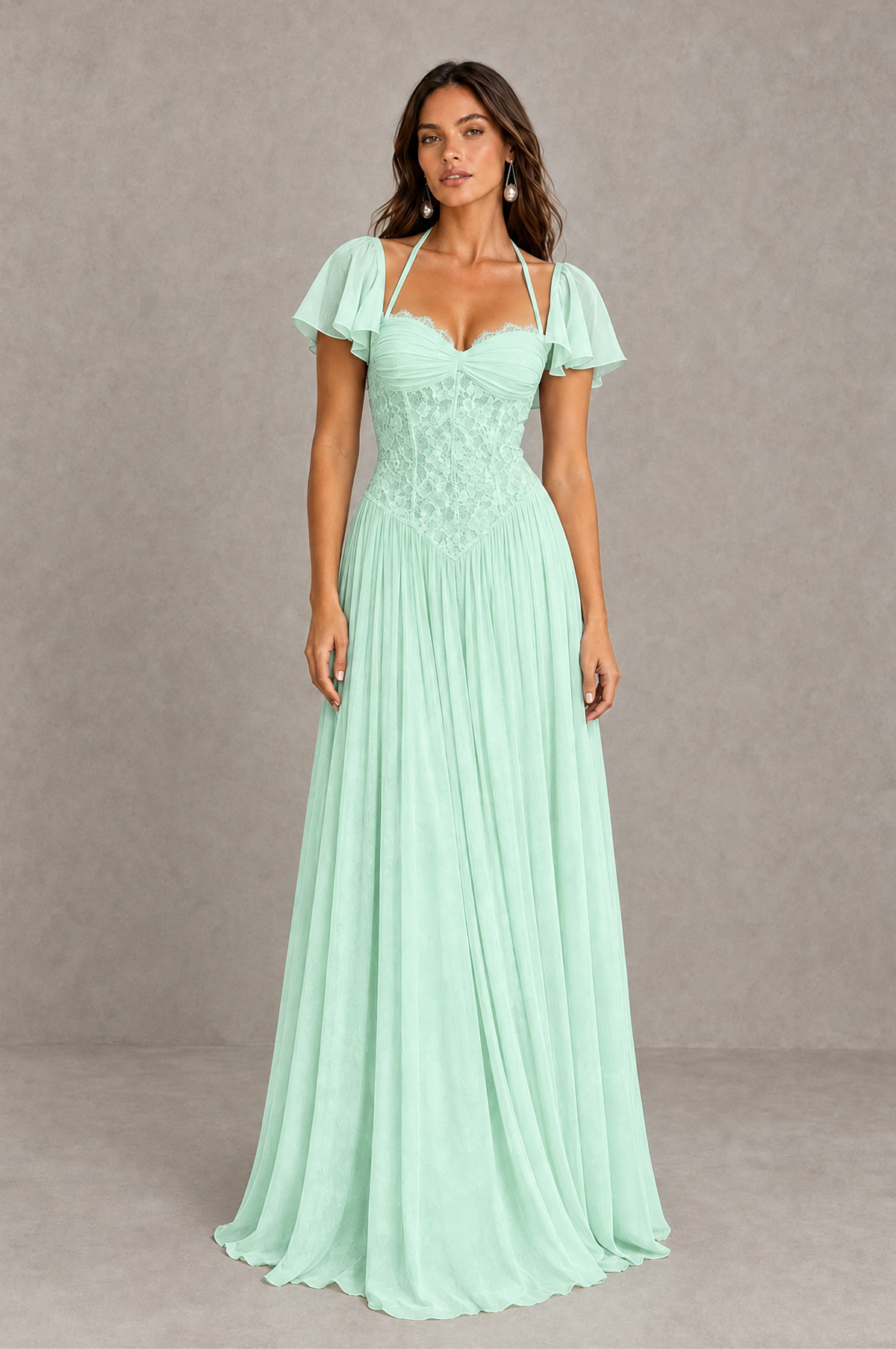 BOLODOO Mint Green Flutter Sleeve Lace Corset A-Line Maxi Dress 