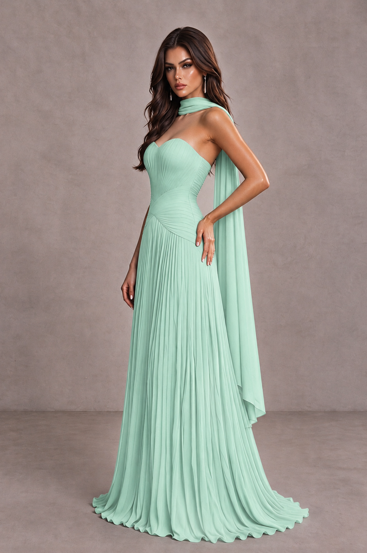 BOLODOO Mint Green Sweetheart Strapless Neck Scarf Pleated Backless A-Line Chiffon Maxi Dress 
