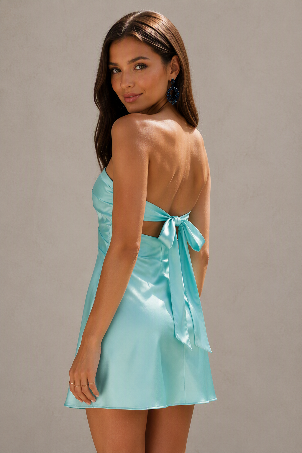 BOLODOO Mint Green Satin Strapless Twist Cutout Mini Dress - Front Close Up Cutout Detail