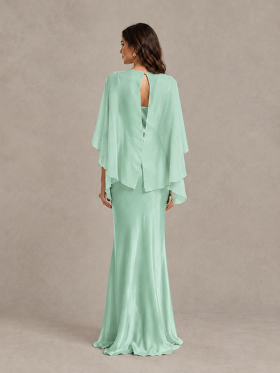 BOLODOO Mint Green Satin Mermaid Bridesmaid Dress with Chiffon Cape 