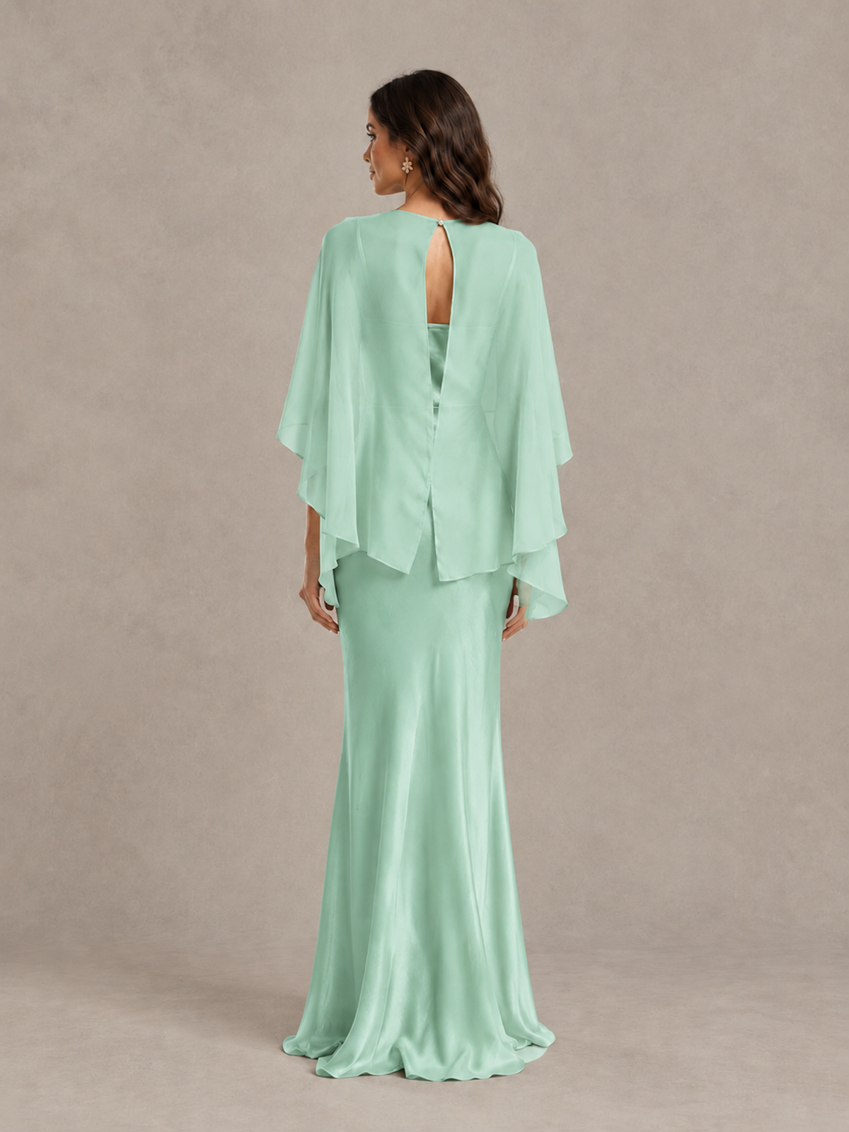 BOLODOO Mint Green Satin Mermaid Bridesmaid Dress with Chiffon Cape 