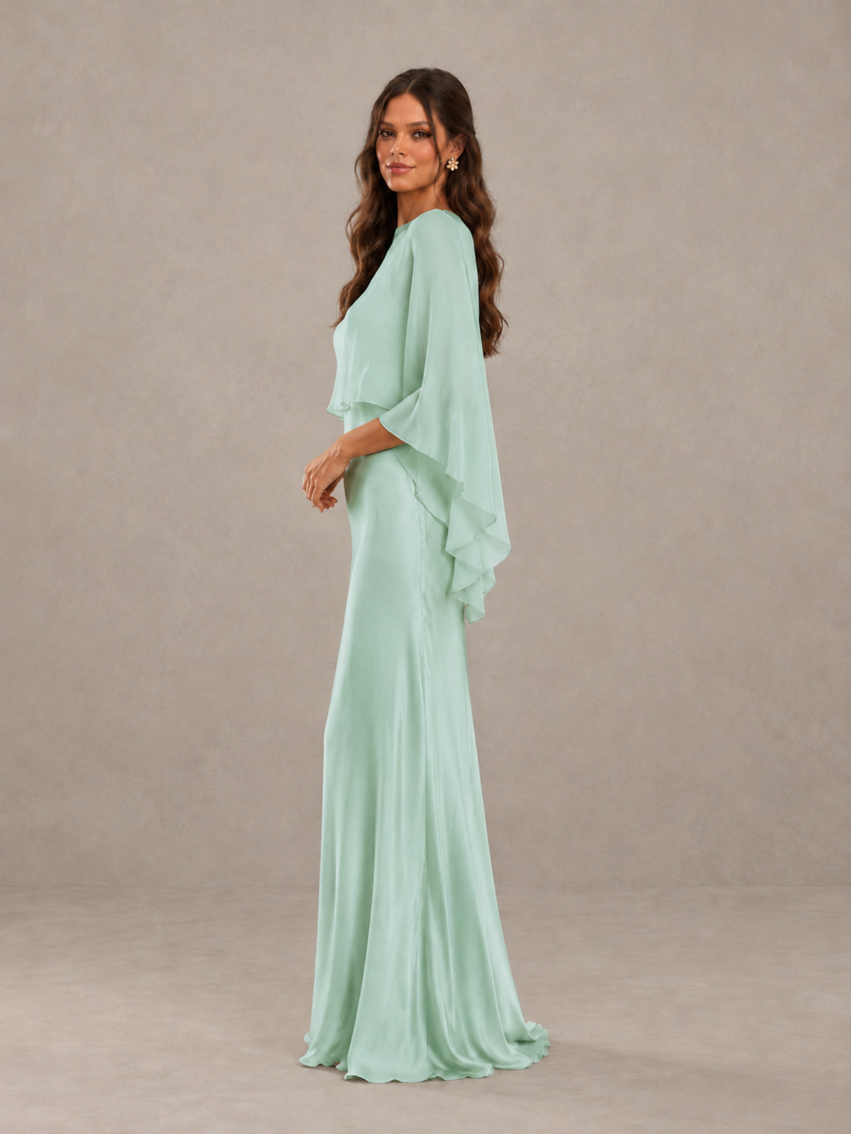 BOLODOO Mint Green Satin Mermaid Bridesmaid Dress with Chiffon Cape 
