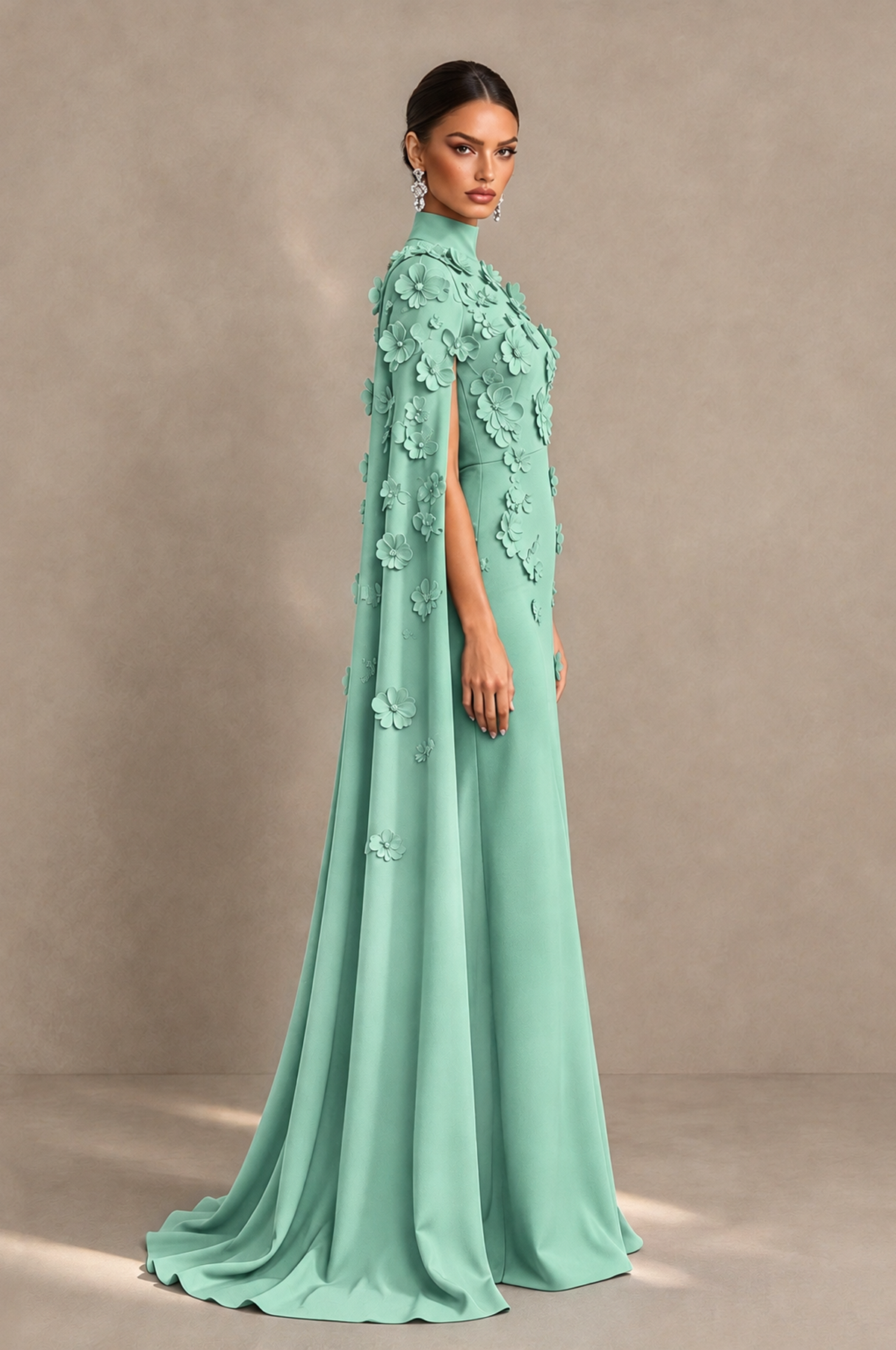 BOLODOO mint green floral cape gown side view with open arm slits