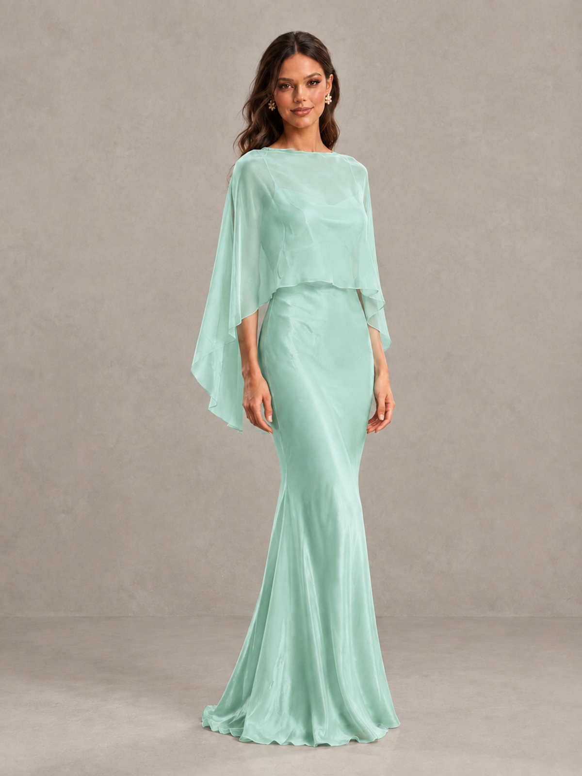 BOLODOO Mint Green Satin Mermaid Bridesmaid Dress with Chiffon Cape 