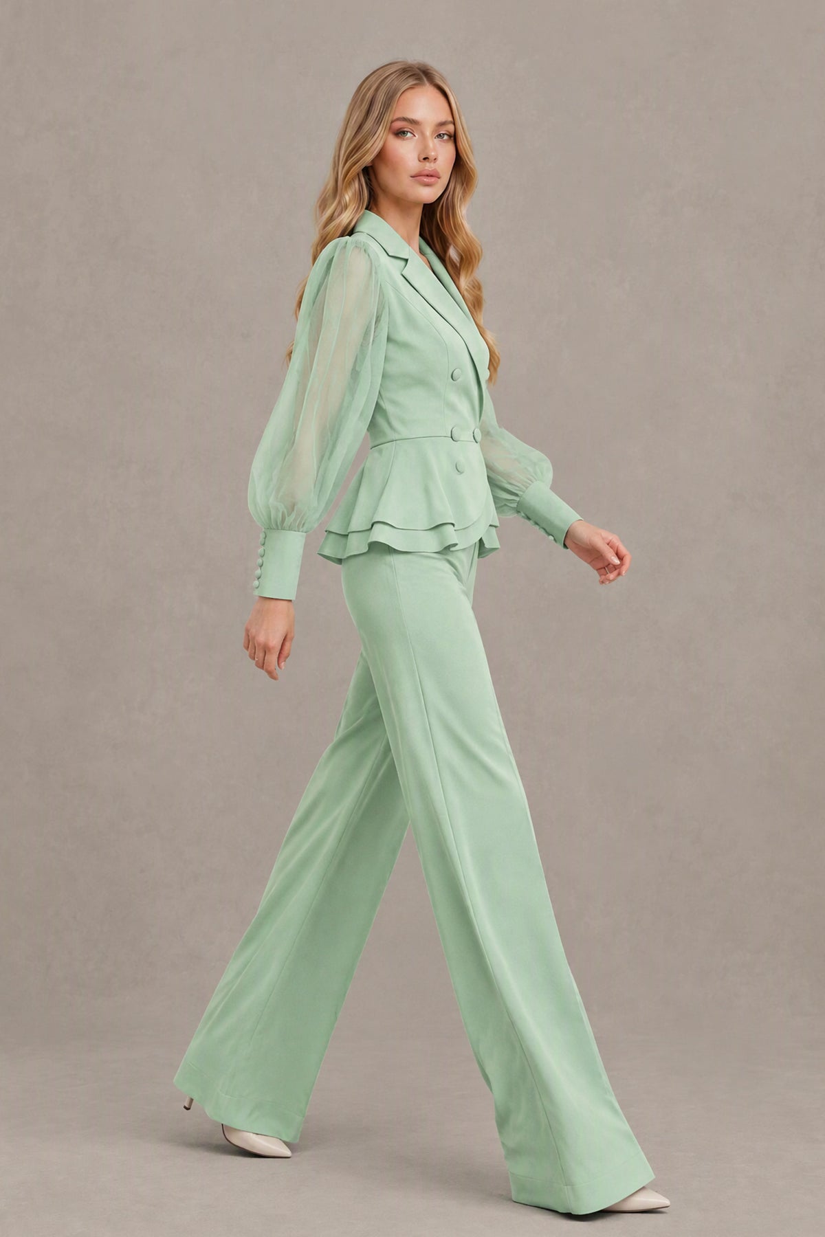 BOLODOO mint green peplum blazer wide-leg pantsuit full front view