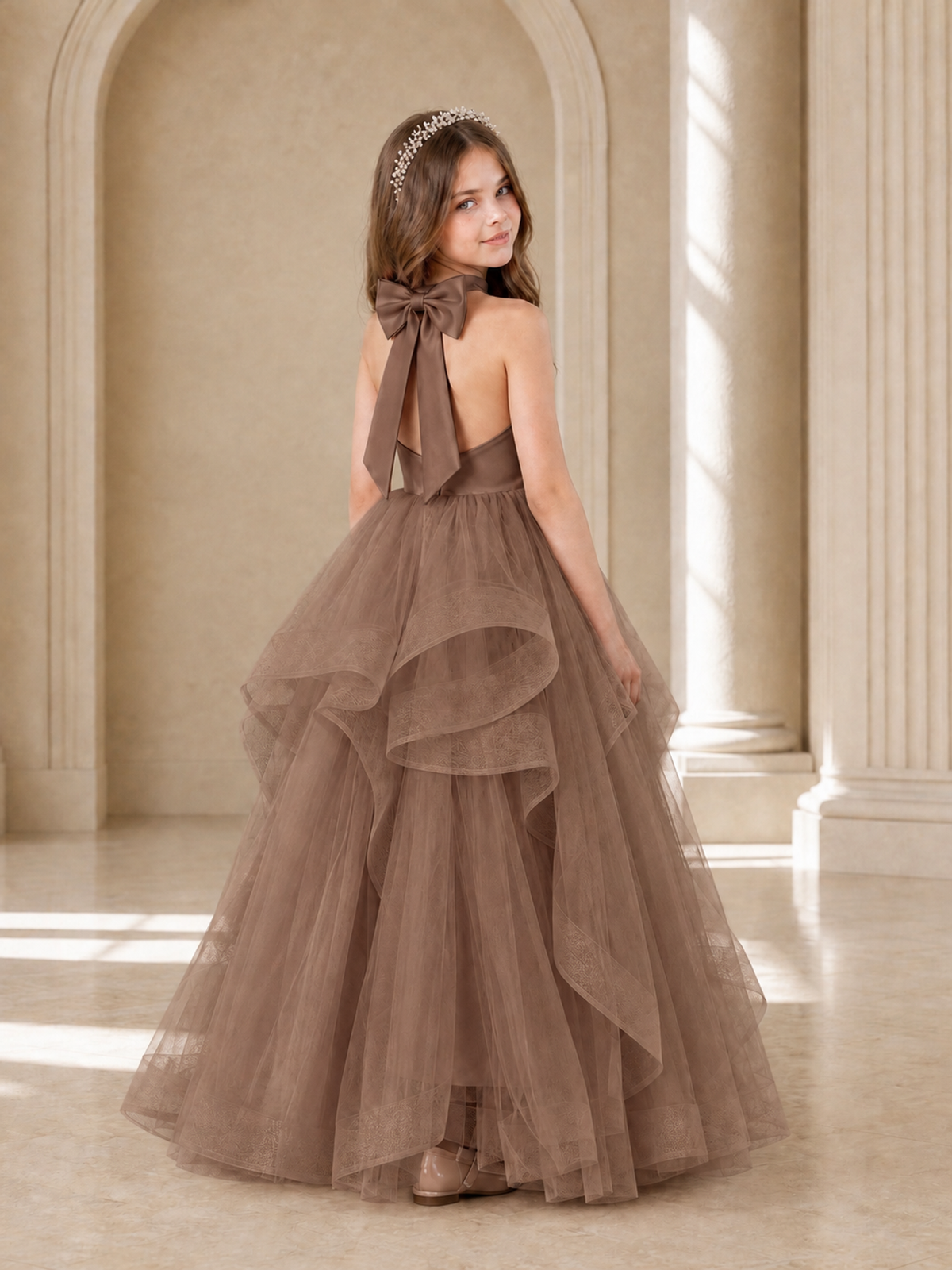 BOLODOO Mocha Halter Tiered Tulle Flower Girl Dress with Bow Back - Mocha - Mocha_1