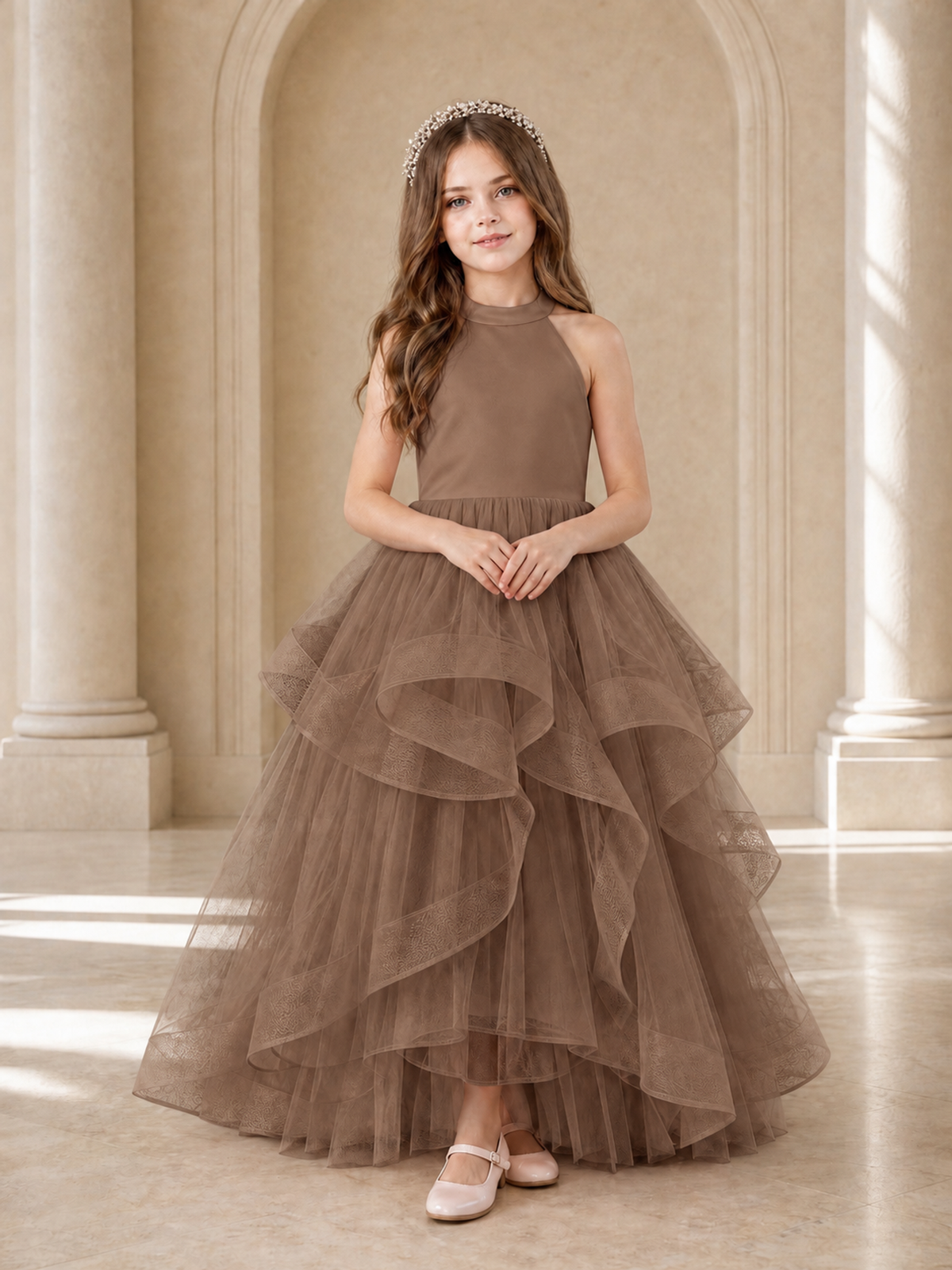 BOLODOO Mocha Halter Tiered Tulle Flower Girl Dress with Bow Back - Mocha - Mocha_2