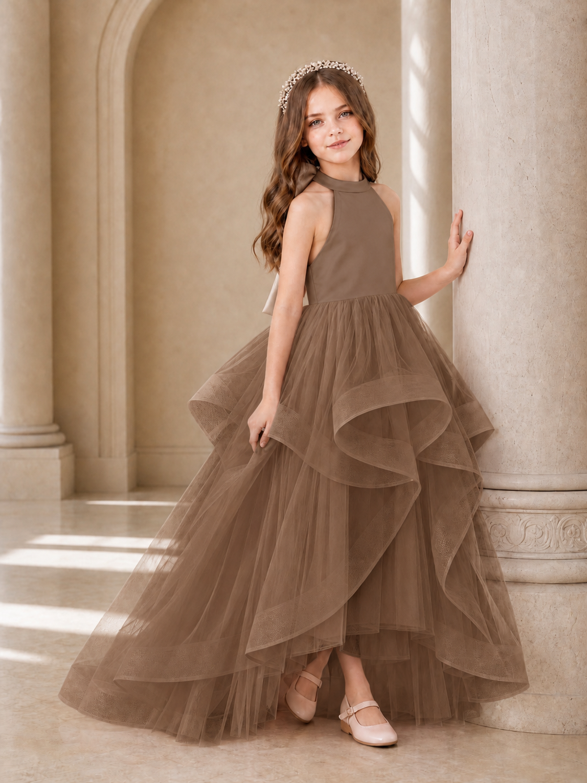 BOLODOO Mocha Halter Tiered Tulle Flower Girl Dress with Bow Back - Mocha - Mocha_3